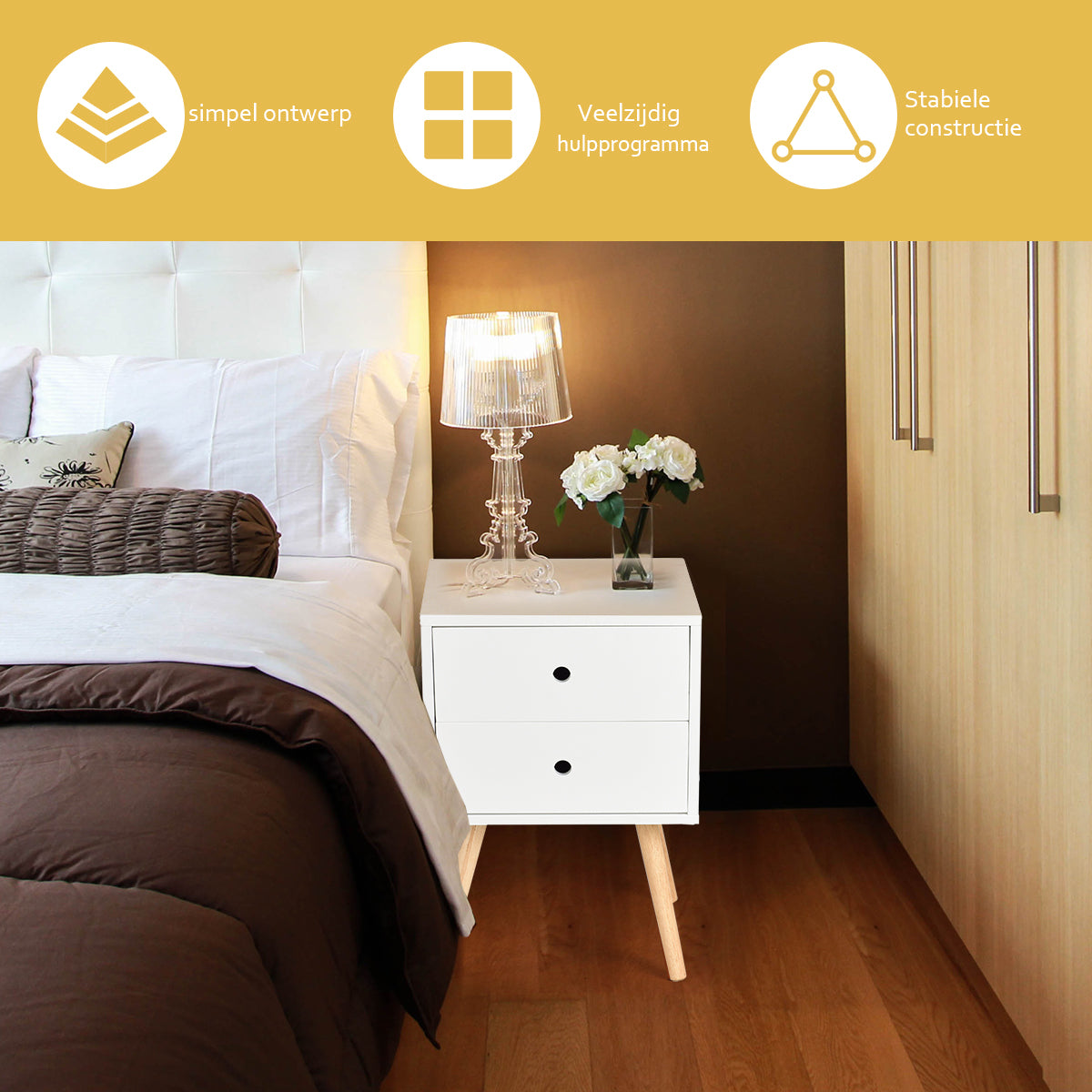 LIVSK Bijzettafel - MDF met Eikenhouten Poten - 2 Uitschuifbare Lades - Stevige Constructie - Draagvermogen 30 kg - Wit