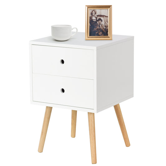 LIVSK Bijzettafel - MDF met Eikenhouten Poten - 2 Uitschuifbare Lades - Stevige Constructie - Draagvermogen 30 kg - Wit