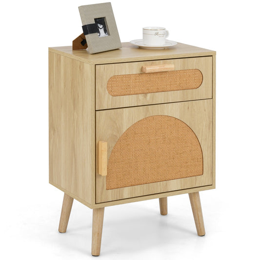 LIVSK Modern Rotan Nachtkastje - Boho Chic Design - Ruim Tafelblad, Lade en Kast - Massieve Houten Poten - 45 x 30 x 61 cm -