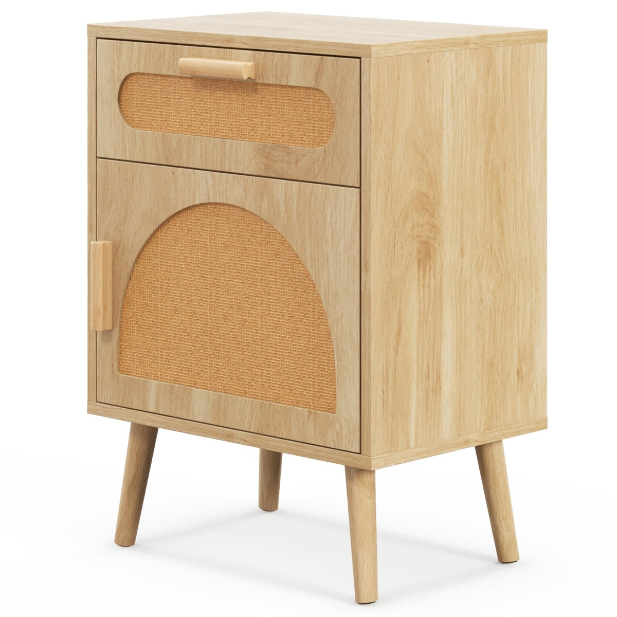 LIVSK Modern Rotan Nachtkastje - Boho Chic Design - Ruim Tafelblad, Lade en Kast - Massieve Houten Poten - 45 x 30 x 61 cm -