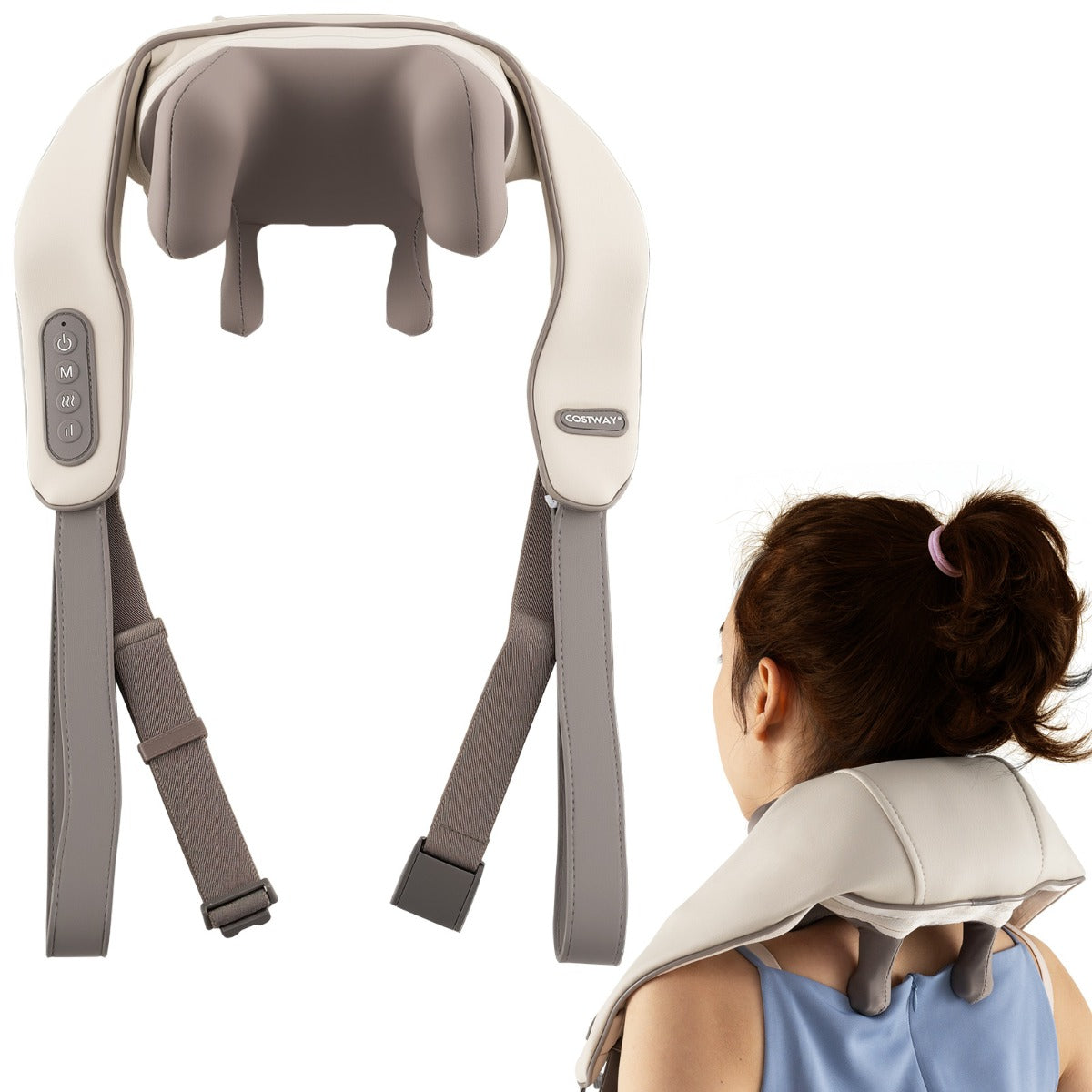 LIVSK Draagbare Draadloze Massager - 4D Shiatsu - 2 Massage Modi - Warmtefunctie - Voor Nek, Schouders, Taille, Benen - Beige