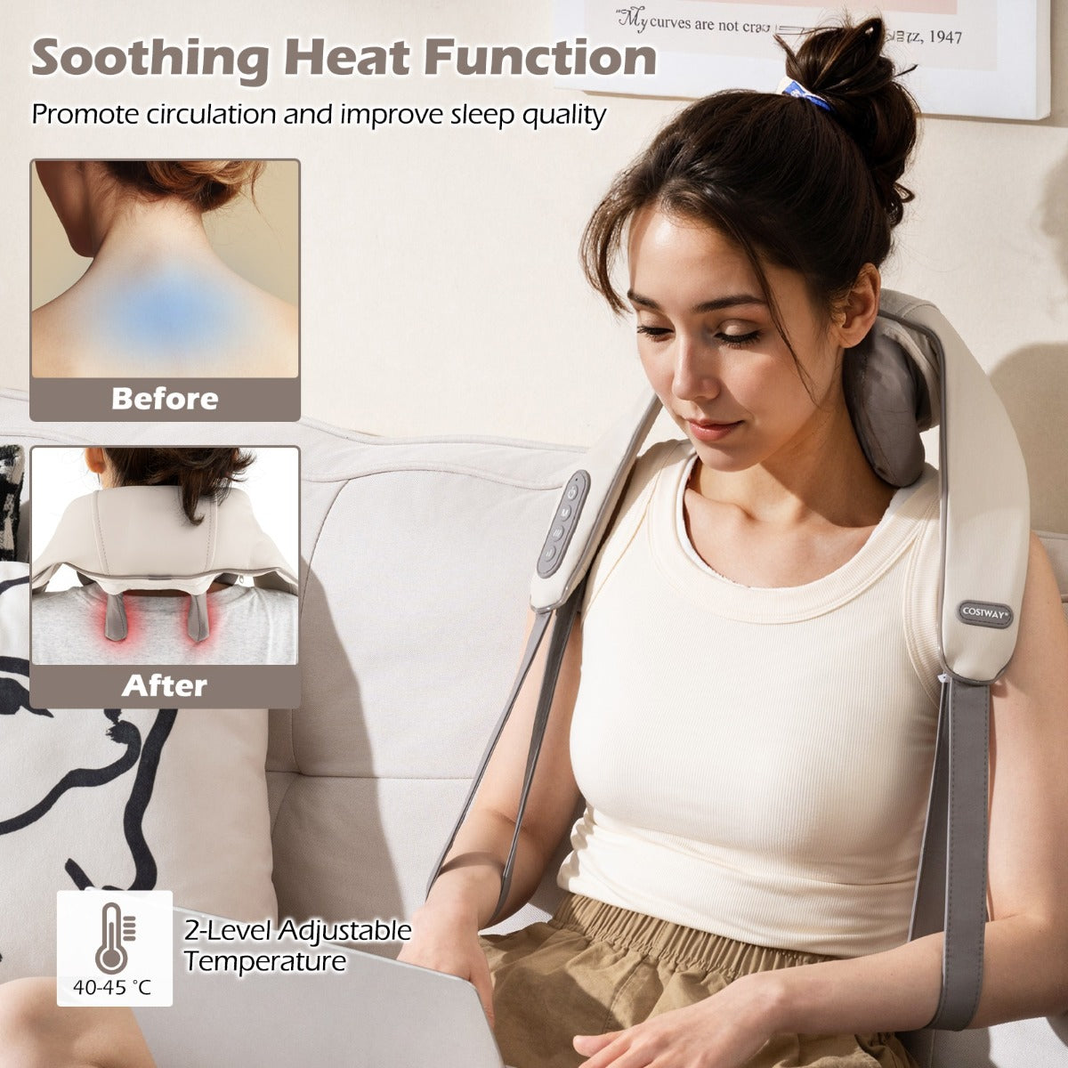 LIVSK Draagbare Draadloze Massager - 4D Shiatsu - 2 Massage Modi - Warmtefunctie - Voor Nek, Schouders, Taille, Benen - Beige