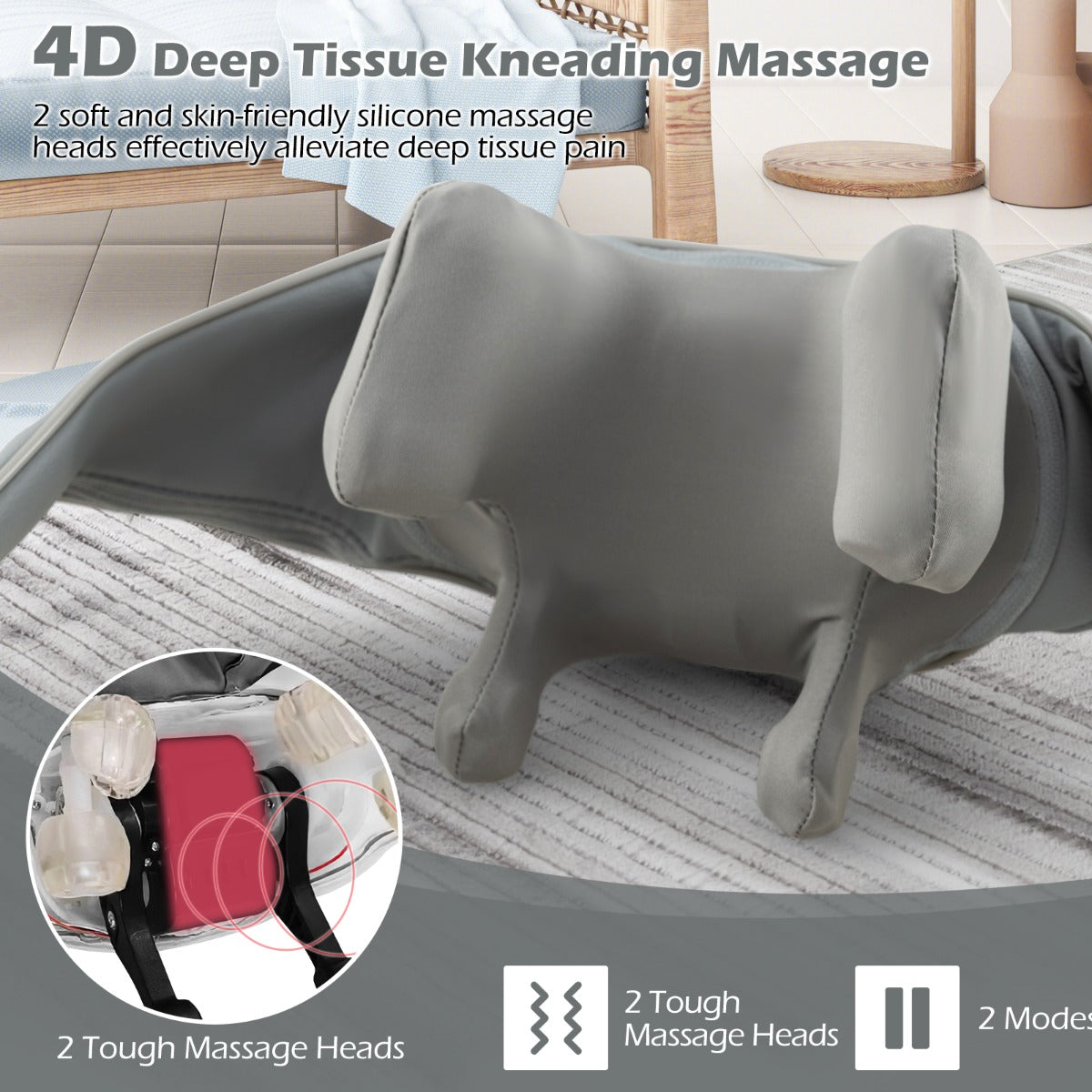 LIVSK Draadloos Nek- en Schoudermassageapparaat 4D Shiatsu - Diepe Weefselmassage - 2 Modi - Verwarmingsfunctie - Grijs