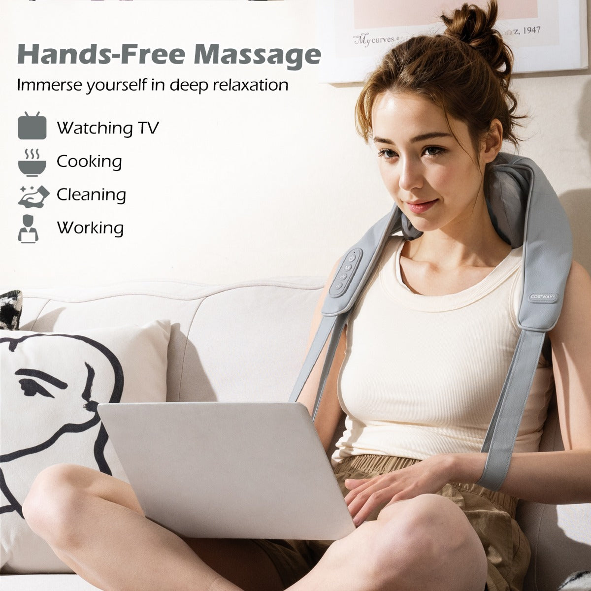 LIVSK Draadloos Nek- en Schoudermassageapparaat 4D Shiatsu - Diepe Weefselmassage - 2 Modi - Verwarmingsfunctie - Grijs
