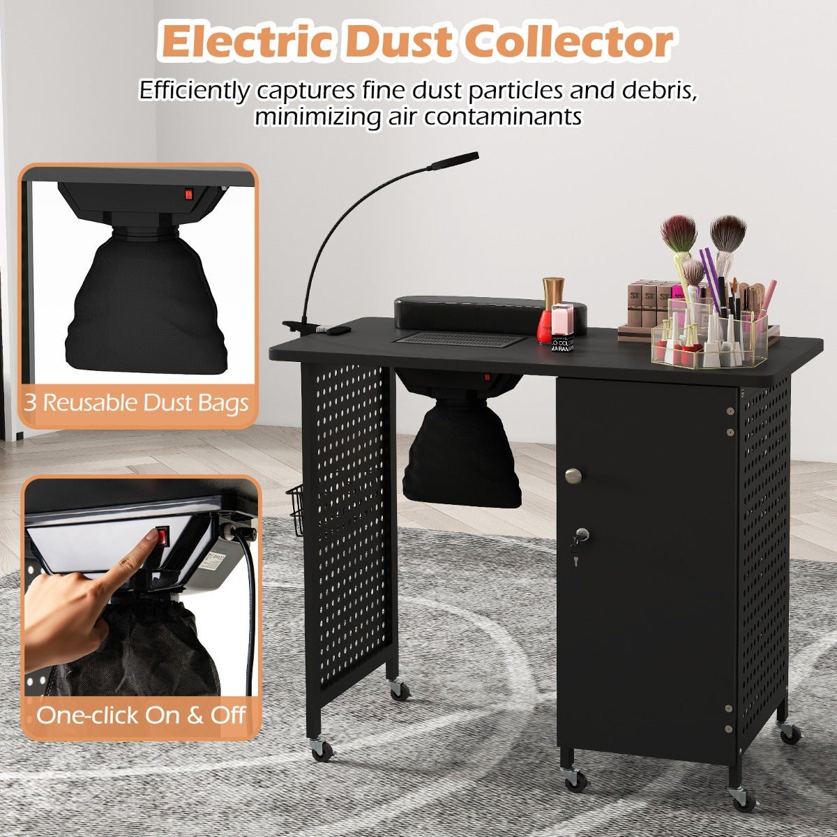 LIVSK Manicuretafel met Afzuigventilator - 4 Lades - Verstelbare Lamp - Wielen voor Mobiliteit - Professioneel en Thuisgebruik -