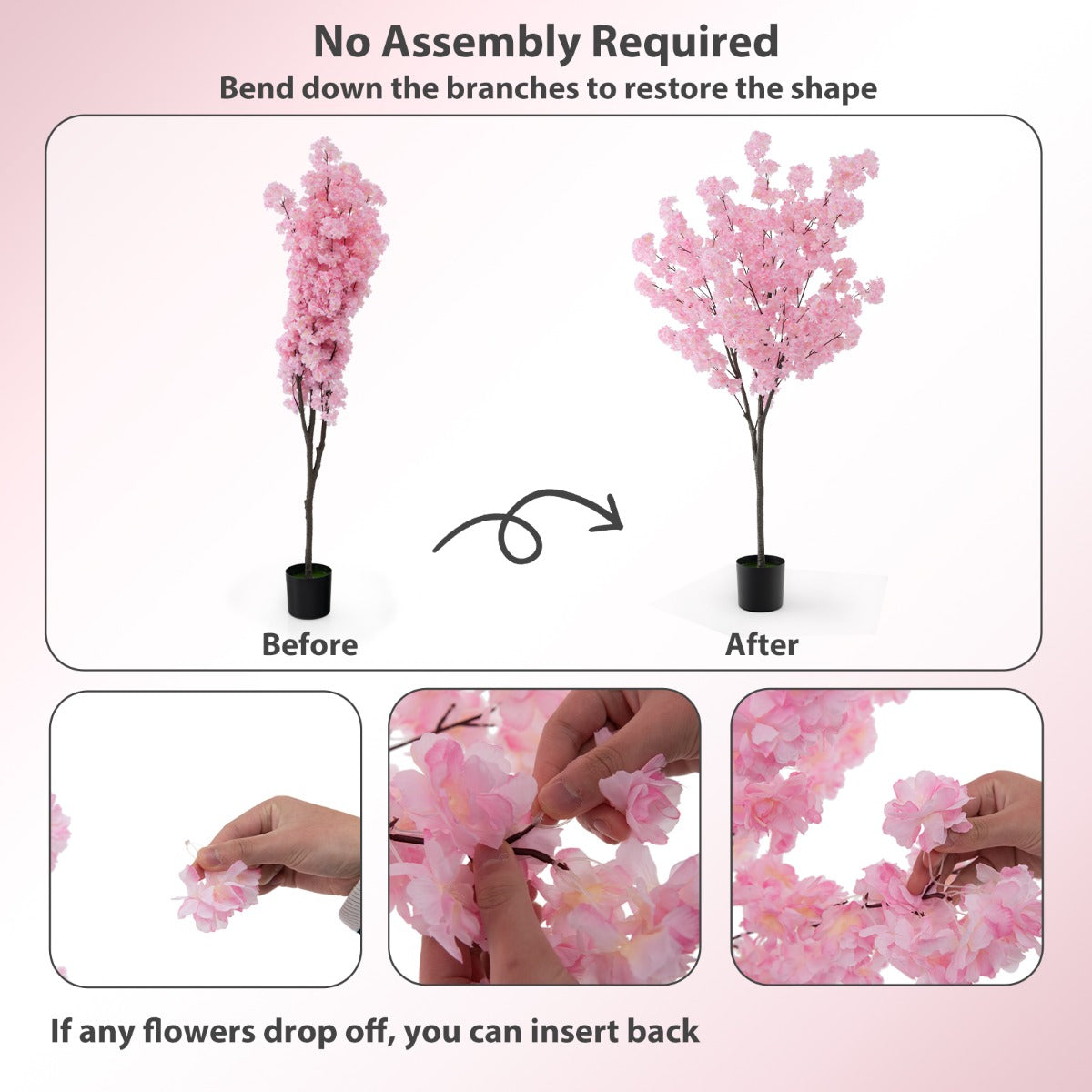 LIVSK Namaak Kersenbloesemboom - 900 Roze Bloemen - PE Stam - Cement Pot - Onderhoudsvrij - 20 x 17,5 x 16,5 cm - Roze
