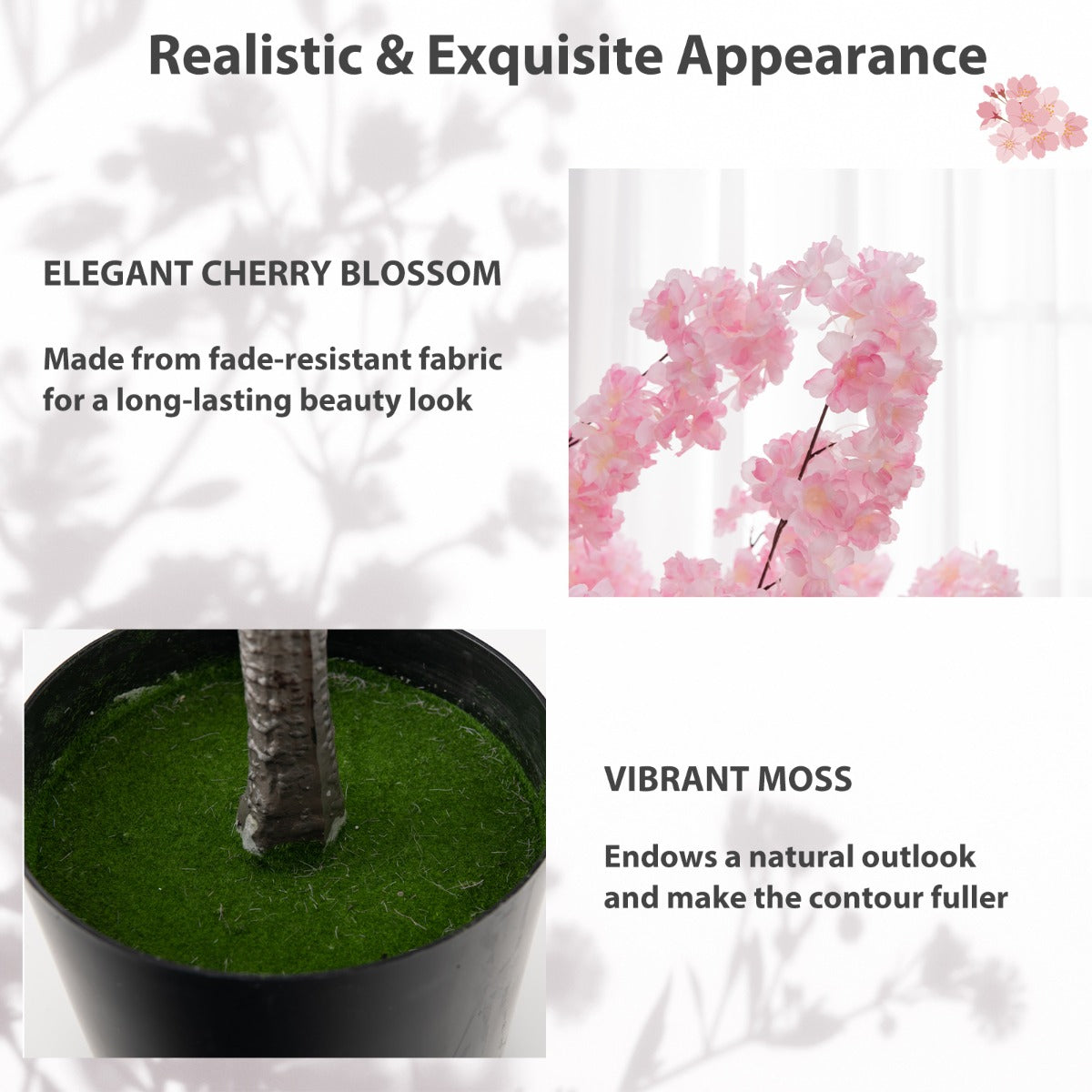 LIVSK Namaak Kersenbloesemboom - 900 Roze Bloemen - PE Stam - Cement Pot - Onderhoudsvrij - 20 x 17,5 x 16,5 cm - Roze