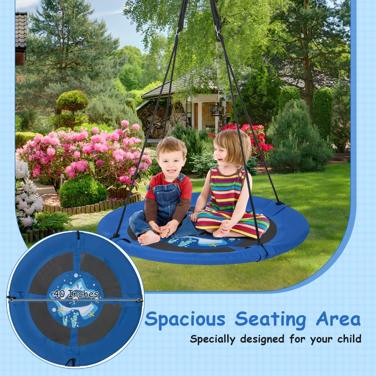 LIVSK Nestschommel voor Kinderen - Verstelbare Touwen - Diverse Ophangmogelijkheden - Robuust en Waterbestendig - 102 cm - Blauw