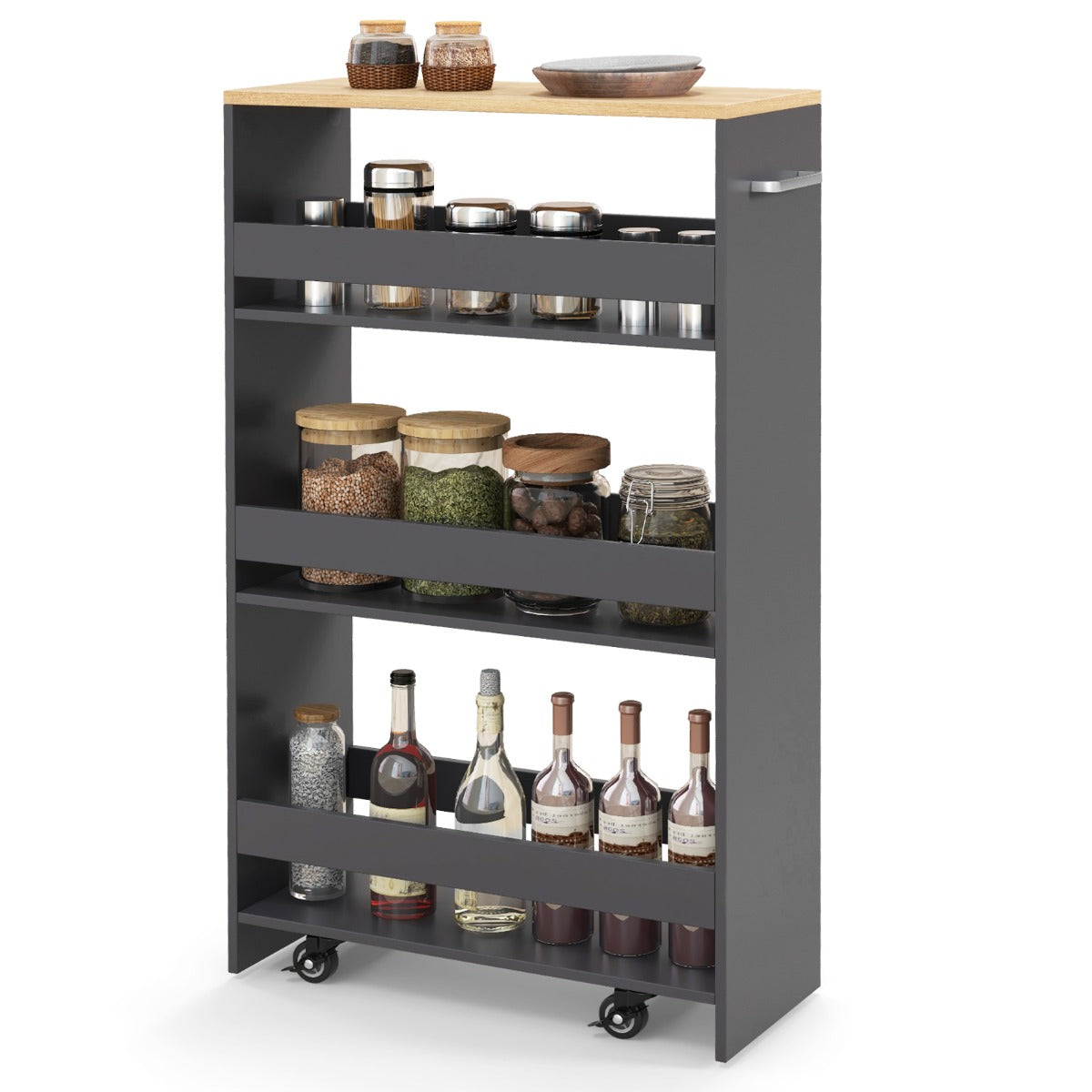 LIVSK Keukentrolley - 4 Etages met Slimme Plankindeling - 360° Draaiende Wielen - Handgreep - 47,5 x 20 x 80,5 cm - Grijs