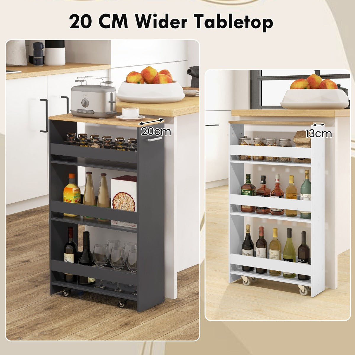 LIVSK Keukentrolley - 4 Etages met Slimme Plankindeling - 360° Draaiende Wielen - Handgreep - 47,5 x 20 x 80,5 cm - Grijs