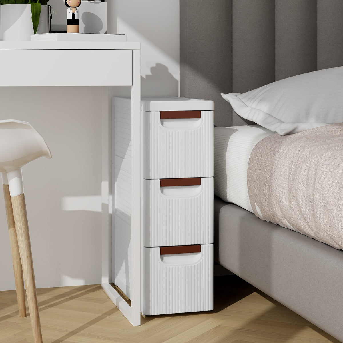 LIVSK Rollende Opberger met 3 Lades - Slank Ontwerp - Ingebouwde Wielen - Voor Kleine Ruimtes - 42 x 19 x 74 cm - Wit
