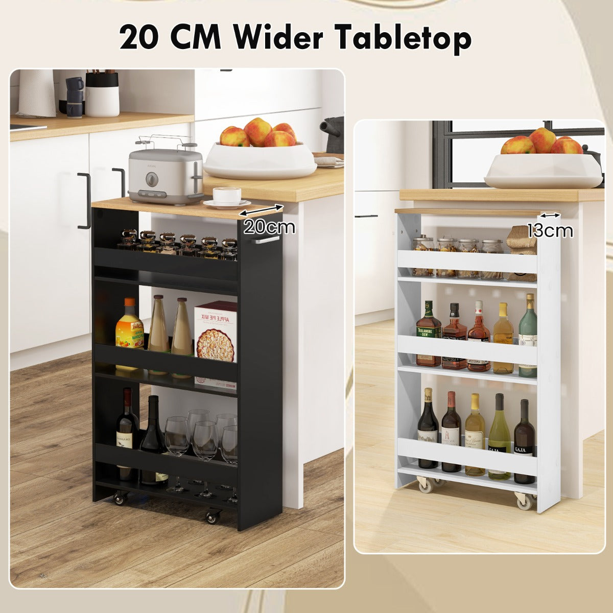 LIVSK Opbergtrolley - 4 Planken met Handgreep - 360° Draaiende Wielen - Vergrendelbare Wielen - 47,5 x 20 x 80,5 cm - Zwart