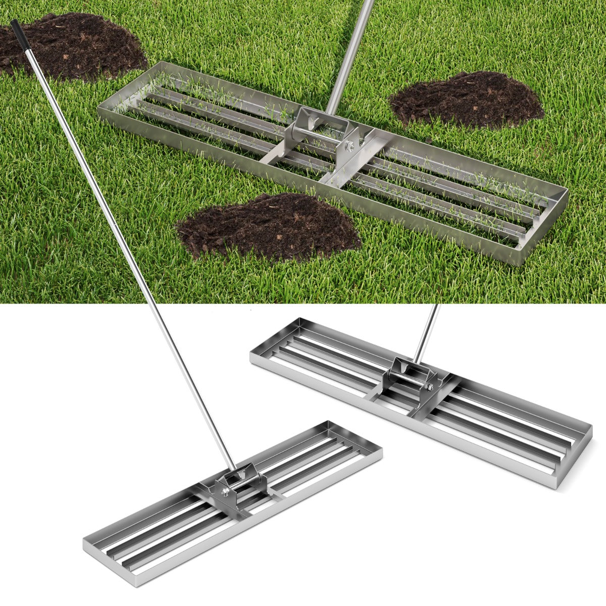 LIVSK Ergonomische Grasvlakker - Robuust Metalen Frame - 106 x 25 cm - Antislip Handvat - Eenvoudige Opslag - Zilver