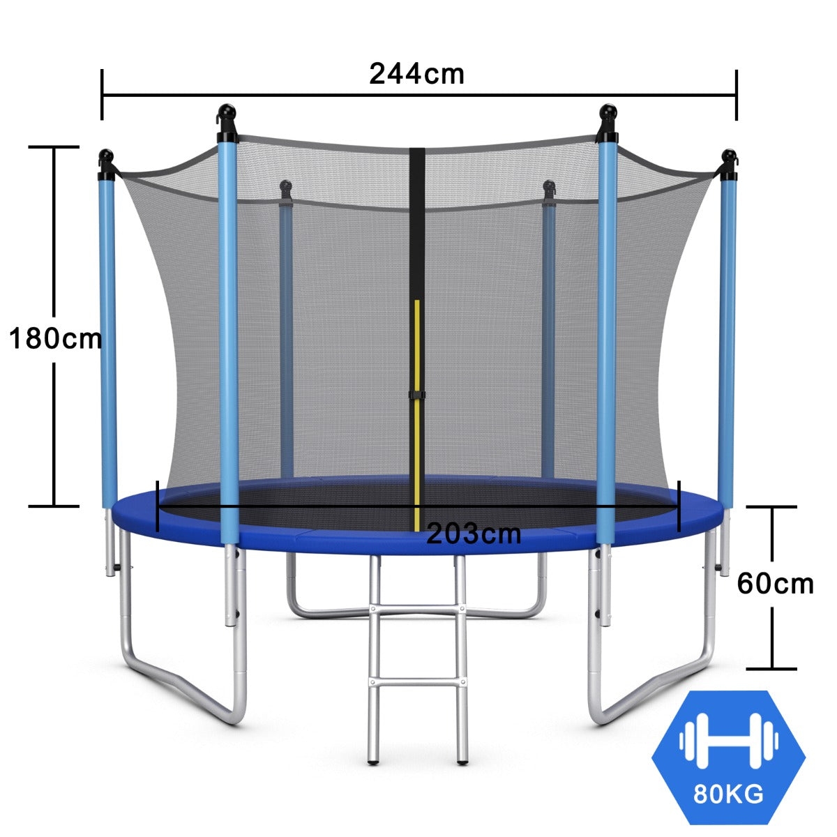 LIVSK Trampoline met Veiligheidsnet - Gegalvaniseerd Staal - Hoge Bounce - 42 Veren - Voor Kinderen vanaf 6 Jaar - Zwart + Blauw