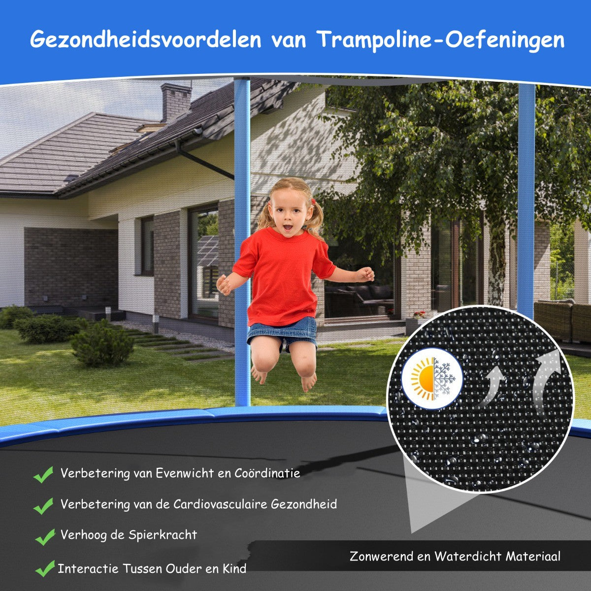 LIVSK Trampoline met Veiligheidsnet - Gegalvaniseerd Staal - Hoge Bounce - 42 Veren - Voor Kinderen vanaf 6 Jaar - Zwart + Blauw