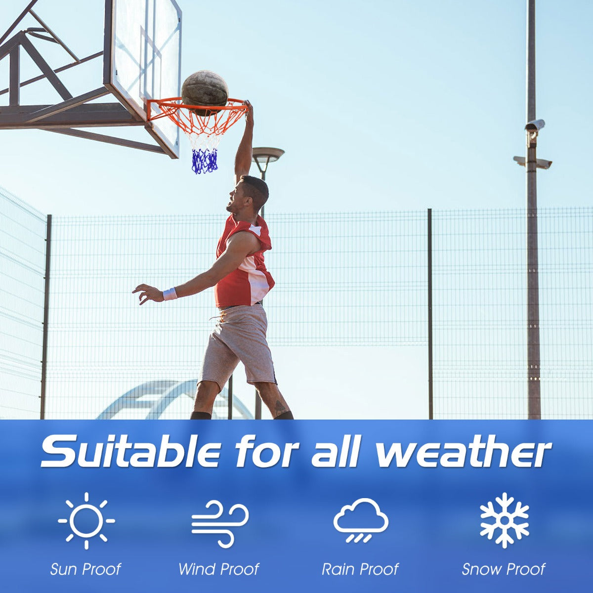 LIVSK Basketbalring - Stalen Frame met Poedercoating - Weerbestendig PE-net - Eenvoudig te Installeren - Rood, Wit, Blauw