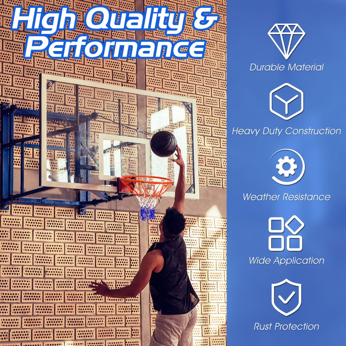 LIVSK Basketbalring - Stalen Frame met Poedercoating - Weerbestendig PE-net - Eenvoudig te Installeren - Rood, Wit, Blauw