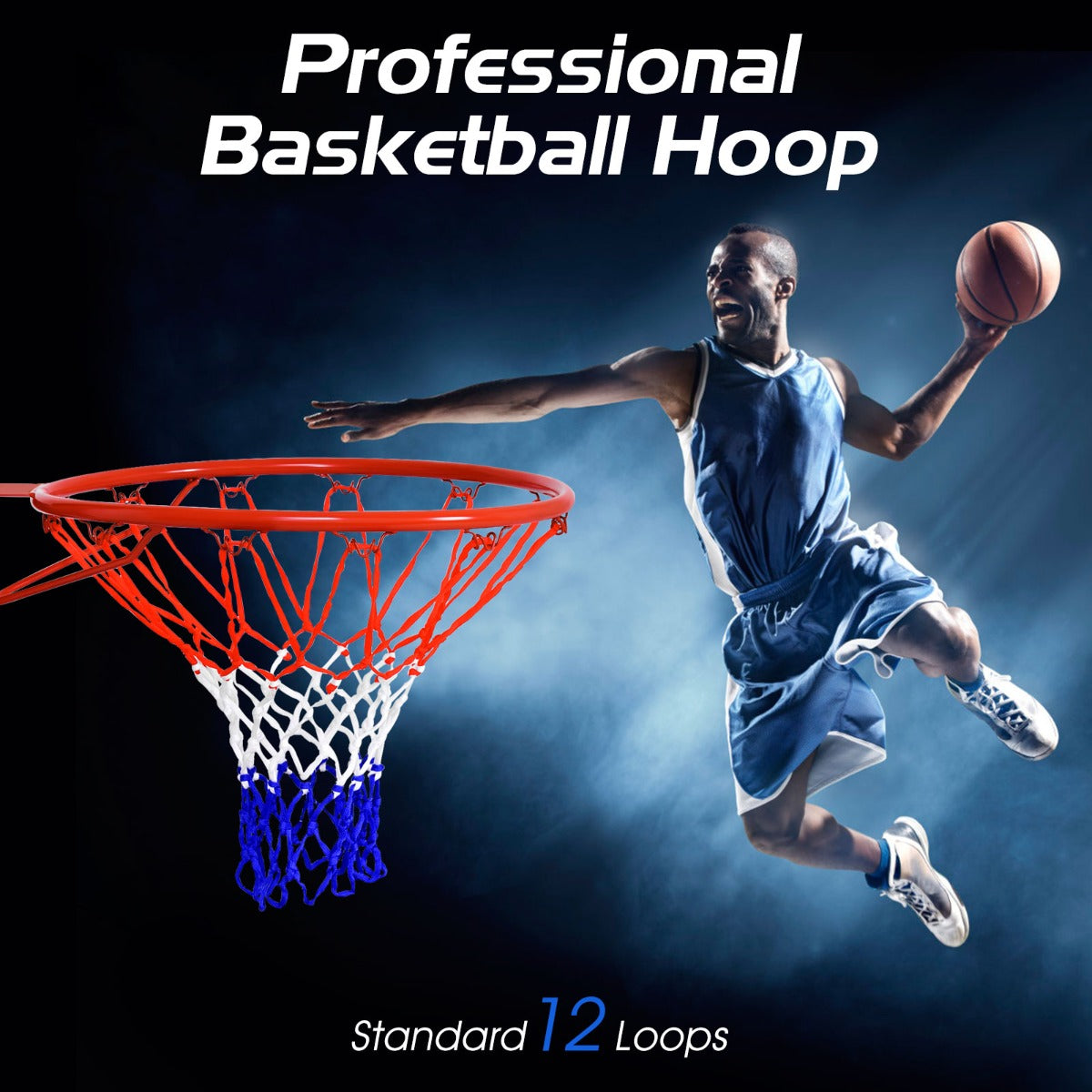LIVSK Basketbalring - Stalen Frame met Poedercoating - Weerbestendig PE-net - Eenvoudig te Installeren - Rood, Wit, Blauw