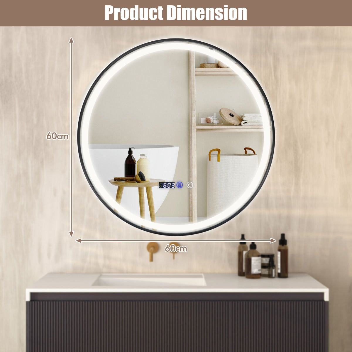 LIVSK Ronde Wandspiegel met LED - Ontwasemingsfunctie - 3 Kleurinstellingen - Explosieveilig - 60 x 60 x 4 cm - Zilver