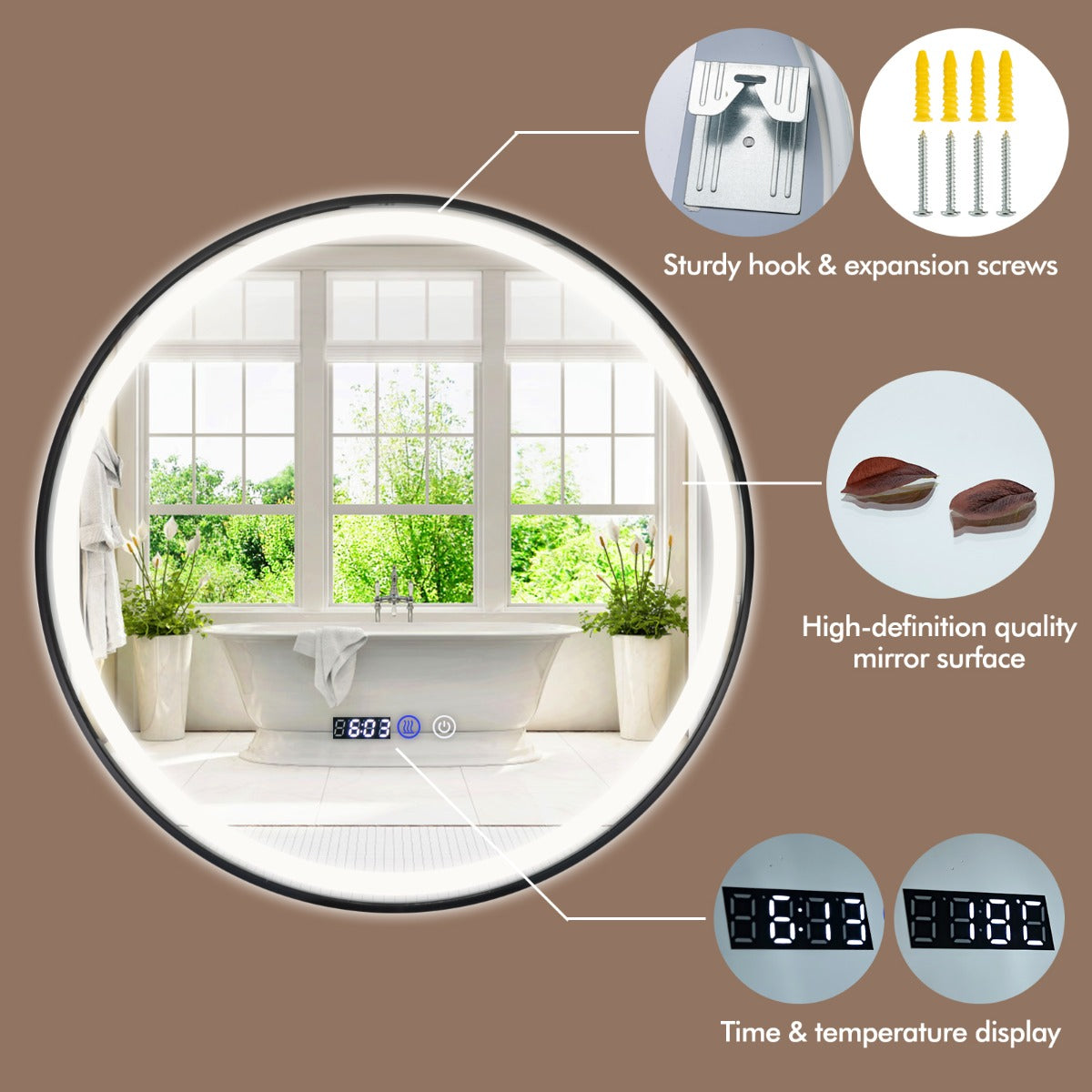 LIVSK Ronde Wandspiegel met LED - Ontwasemingsfunctie - 3 Kleurinstellingen - Explosieveilig - 60 x 60 x 4 cm - Zilver