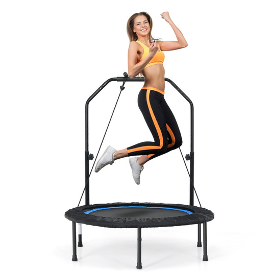 LIVSK Opvouwbare Fitness Trampoline - 2 Weerstandsbanden - In hoogte verstelbare leuning - Tot 150 kg - 75 cm springruimte - Blauw