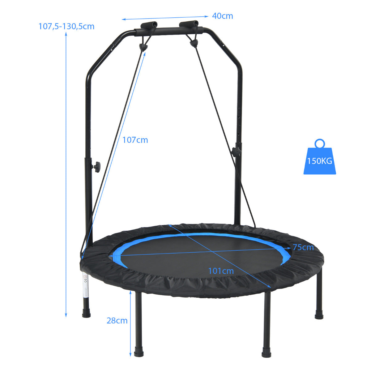 LIVSK Opvouwbare Fitness Trampoline - 2 Weerstandsbanden - In hoogte verstelbare leuning - Tot 150 kg - 75 cm springruimte - Blauw