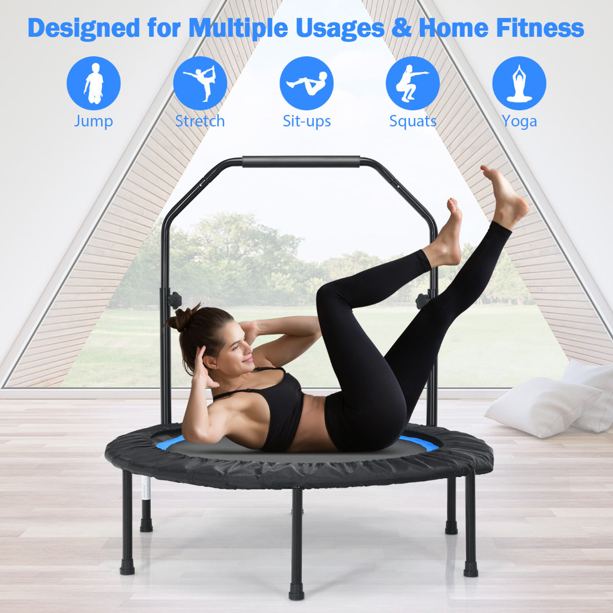 LIVSK Opvouwbare Fitness Trampoline - 2 Weerstandsbanden - In hoogte verstelbare leuning - Tot 150 kg - 75 cm springruimte - Blauw