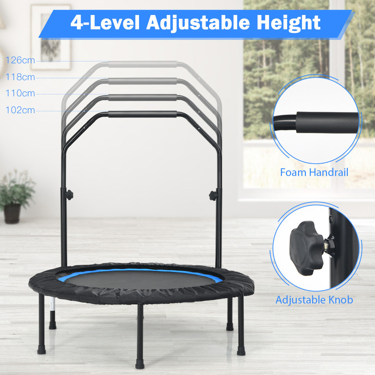 LIVSK Opvouwbare Fitness Trampoline - 2 Weerstandsbanden - In hoogte verstelbare leuning - Tot 150 kg - 75 cm springruimte - Blauw
