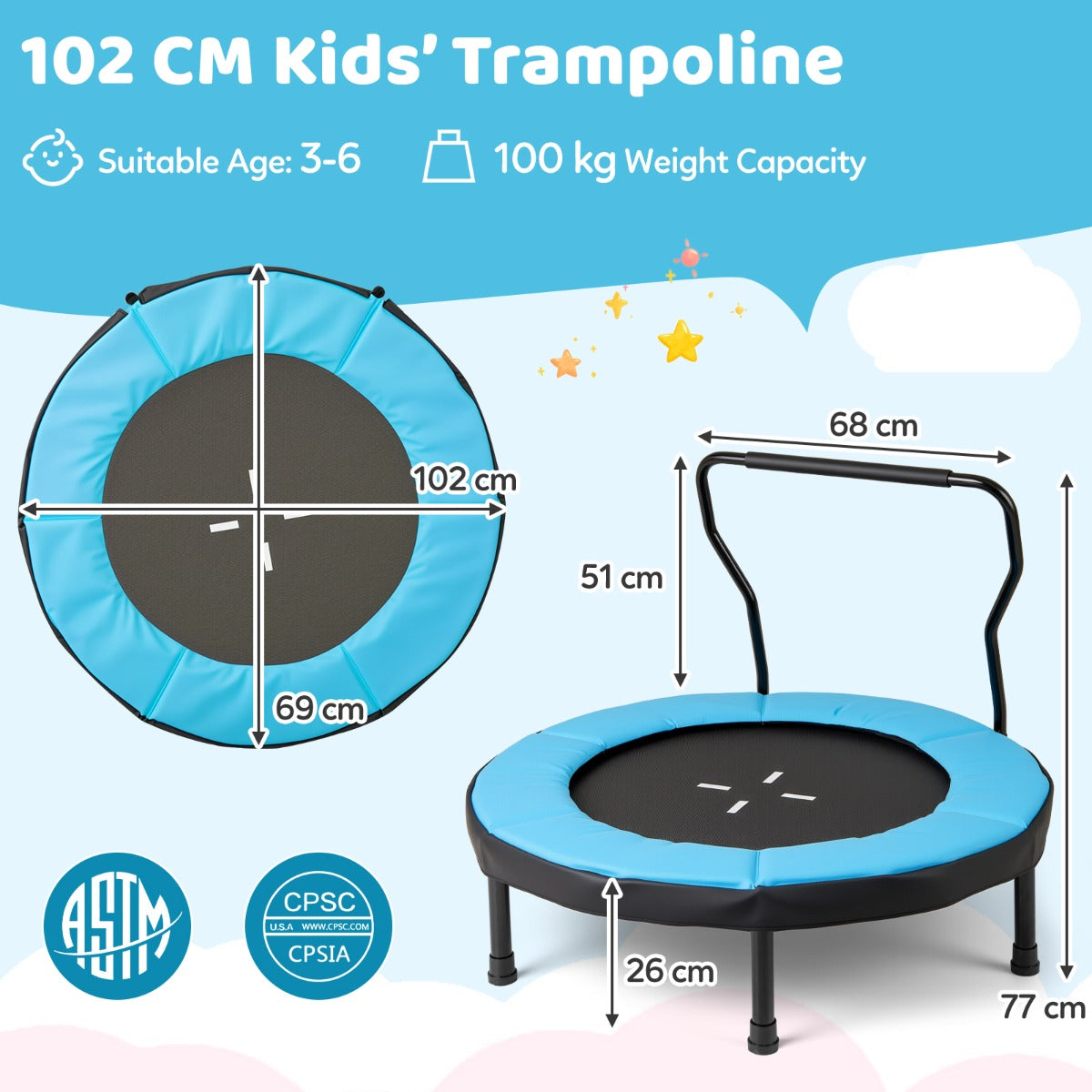 LIVSK Kindertrampoline - Afneembare Handgrepen - Waterdichte PP-mat - Belastbaar tot 100 kg - Eenvoudige Montage - Blauw