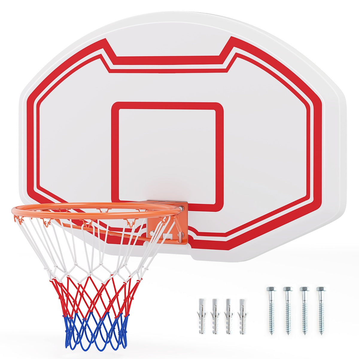 LIVSK Wandmontage Basketbalkorf - Onbreekbaar PE-backboard 91 x 61 cm - Sterke metalen rand - Weerbestendig net - Wit + Rood