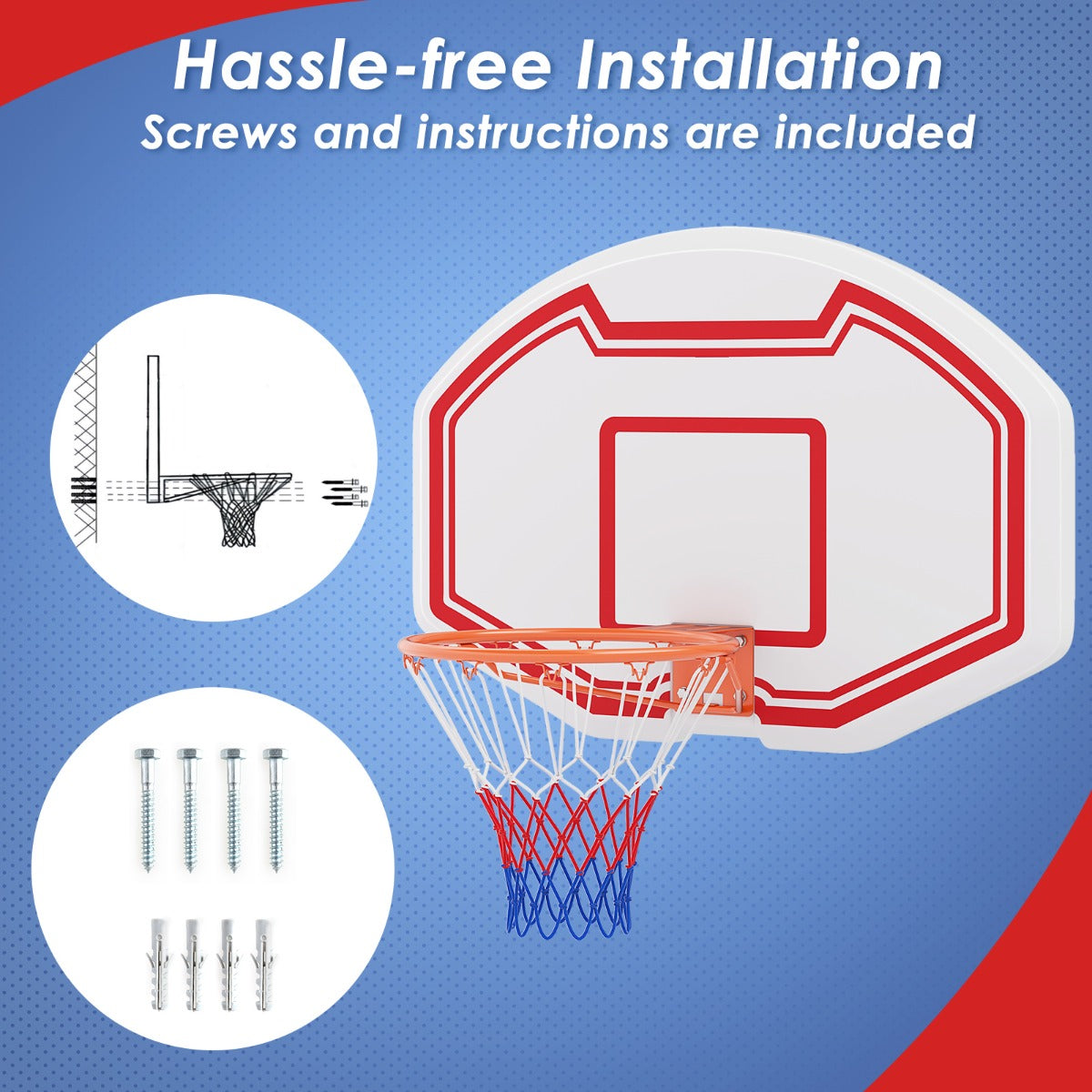 LIVSK Wandmontage Basketbalkorf - Onbreekbaar PE-backboard 91 x 61 cm - Sterke metalen rand - Weerbestendig net - Wit + Rood