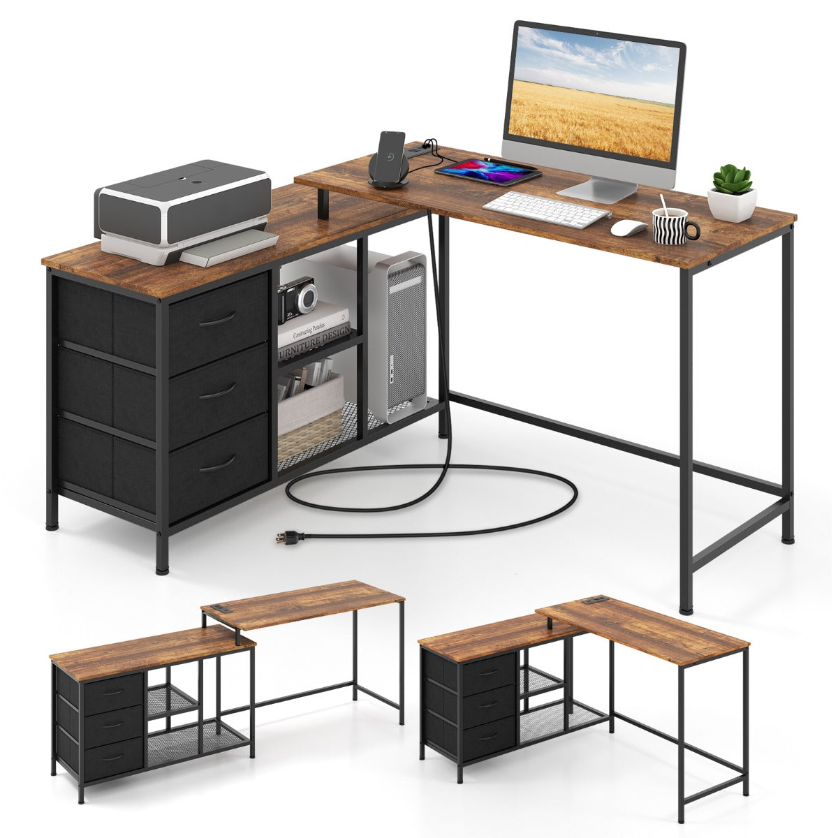 LIVSK 2-in-1 L-vormig Bureau - Uitbreidbaar tot 205 cm - Geïntegreerde Stopcontacten - Opbergkast - Bruin