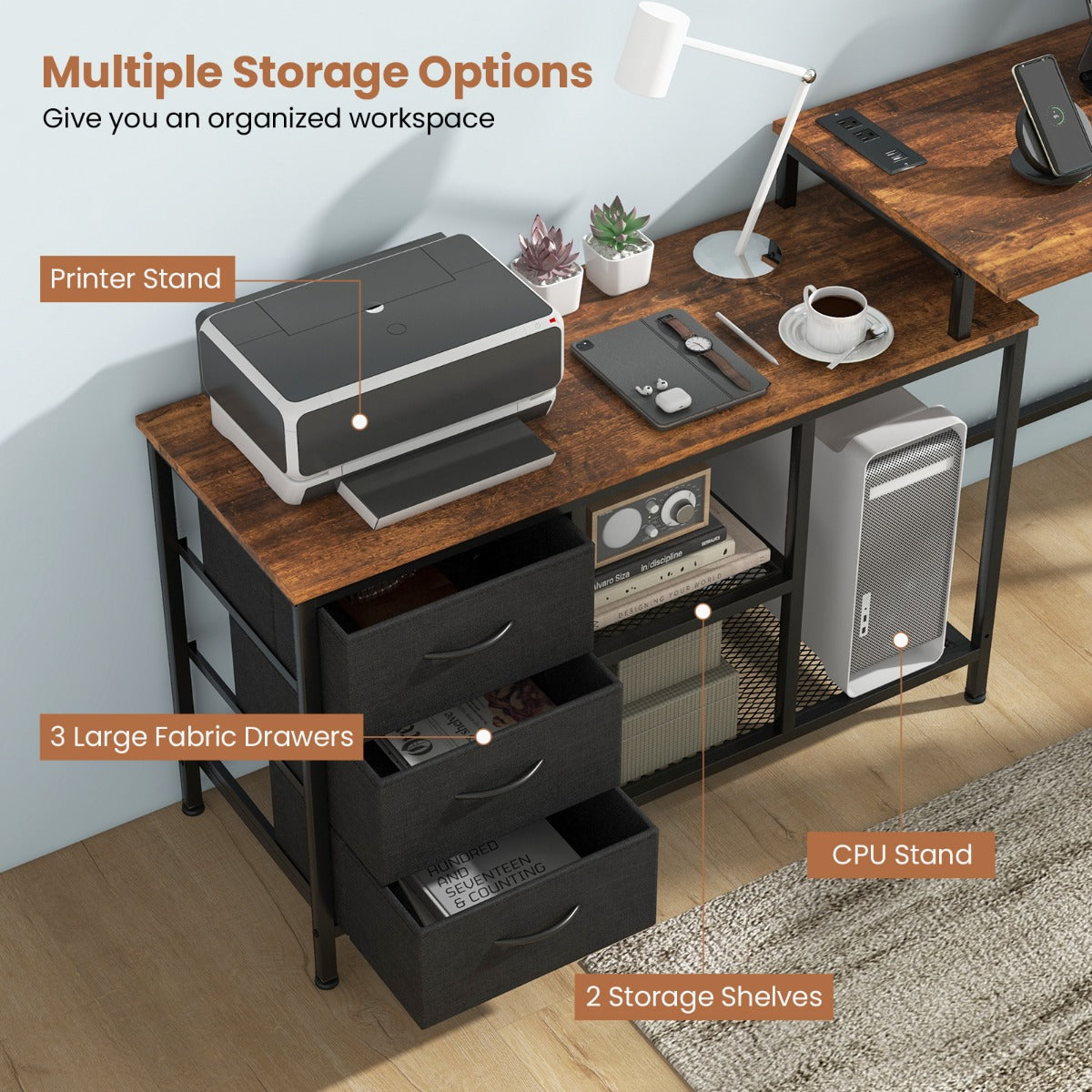 LIVSK 2-in-1 L-vormig Bureau - Uitbreidbaar tot 205 cm - Geïntegreerde Stopcontacten - Opbergkast - Bruin