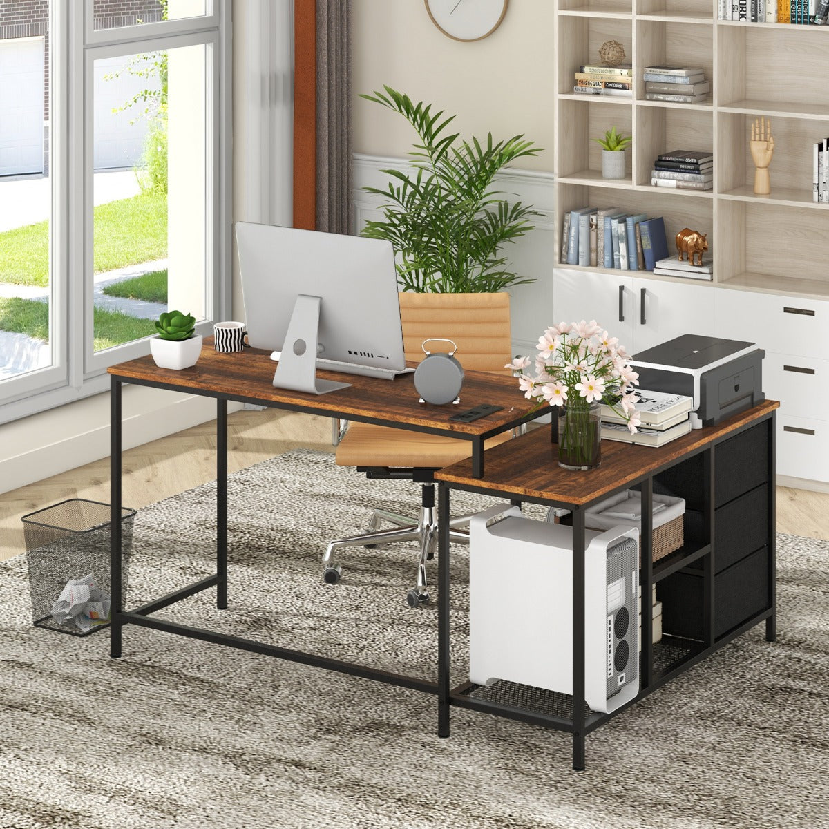 LIVSK 2-in-1 L-vormig Bureau - Uitbreidbaar tot 205 cm - Geïntegreerde Stopcontacten - Opbergkast - Bruin