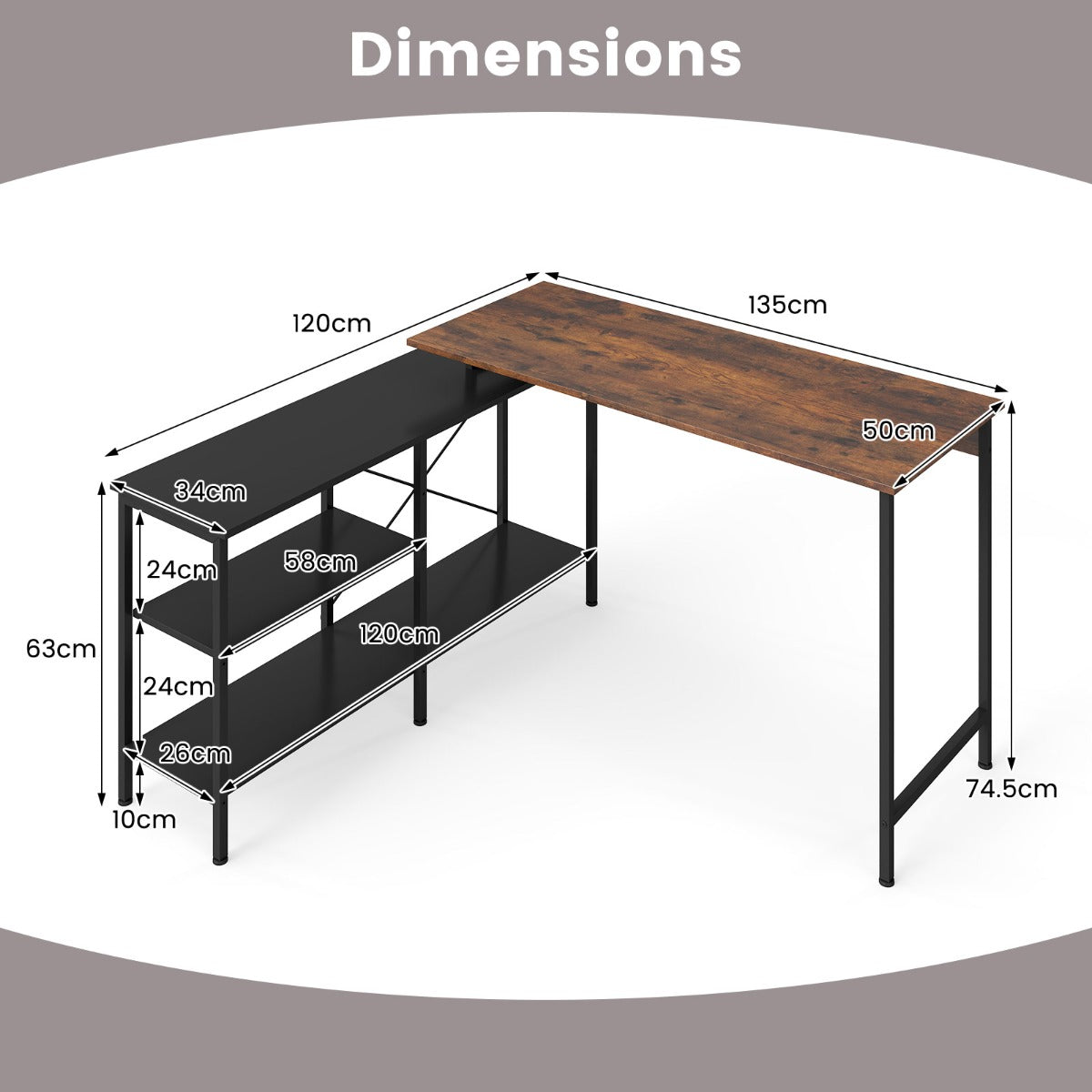 Livsk costway omkeerbaar l vormig bureau met twee opbergplanken hoekbureau voor gamers 2