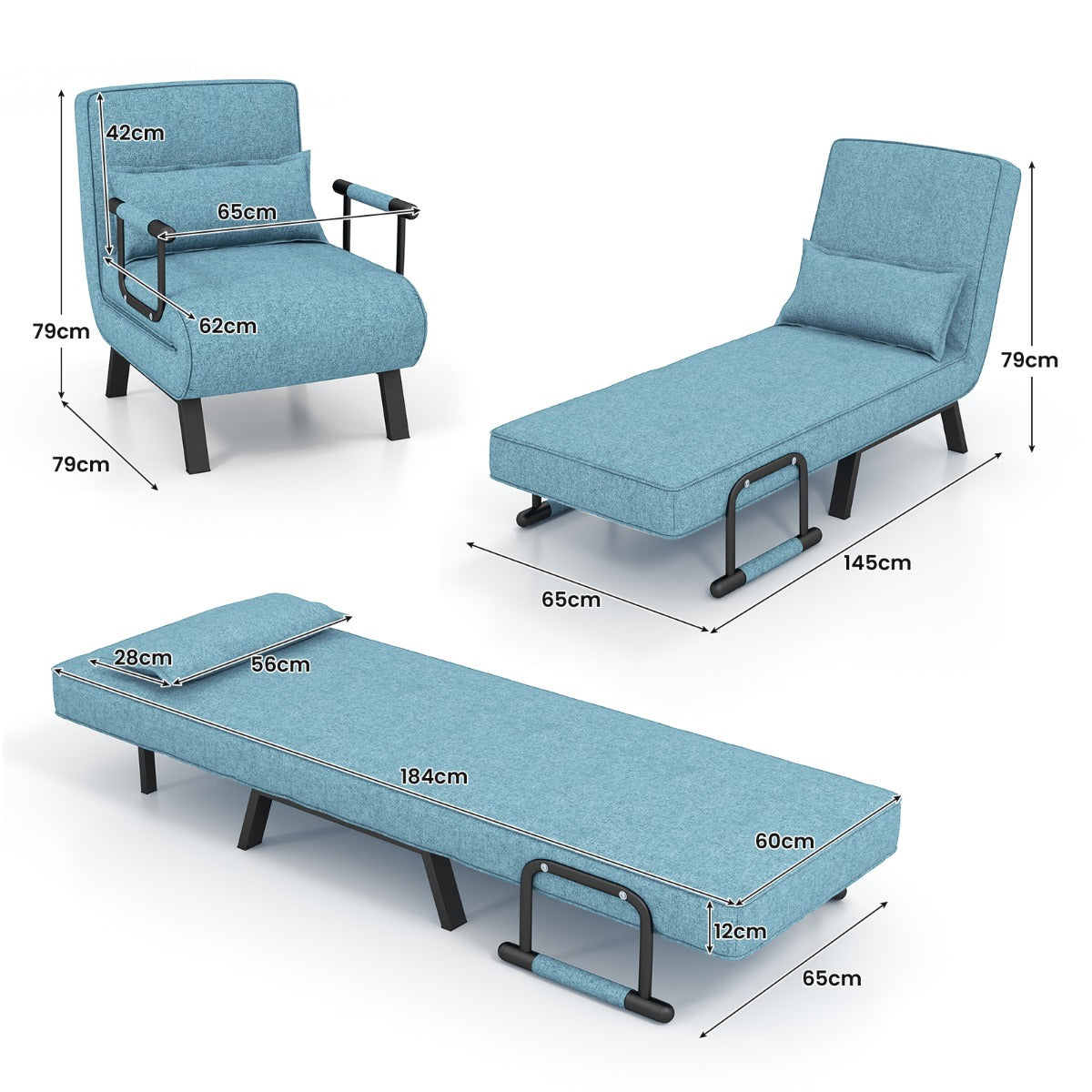 LIVSK Omkeerbare Slaapstoel - 4-in-1 Fauteuil, Ligstoel en Bed - 6 Verstelbare Posities - Comfortabel Linnen - Turquoise