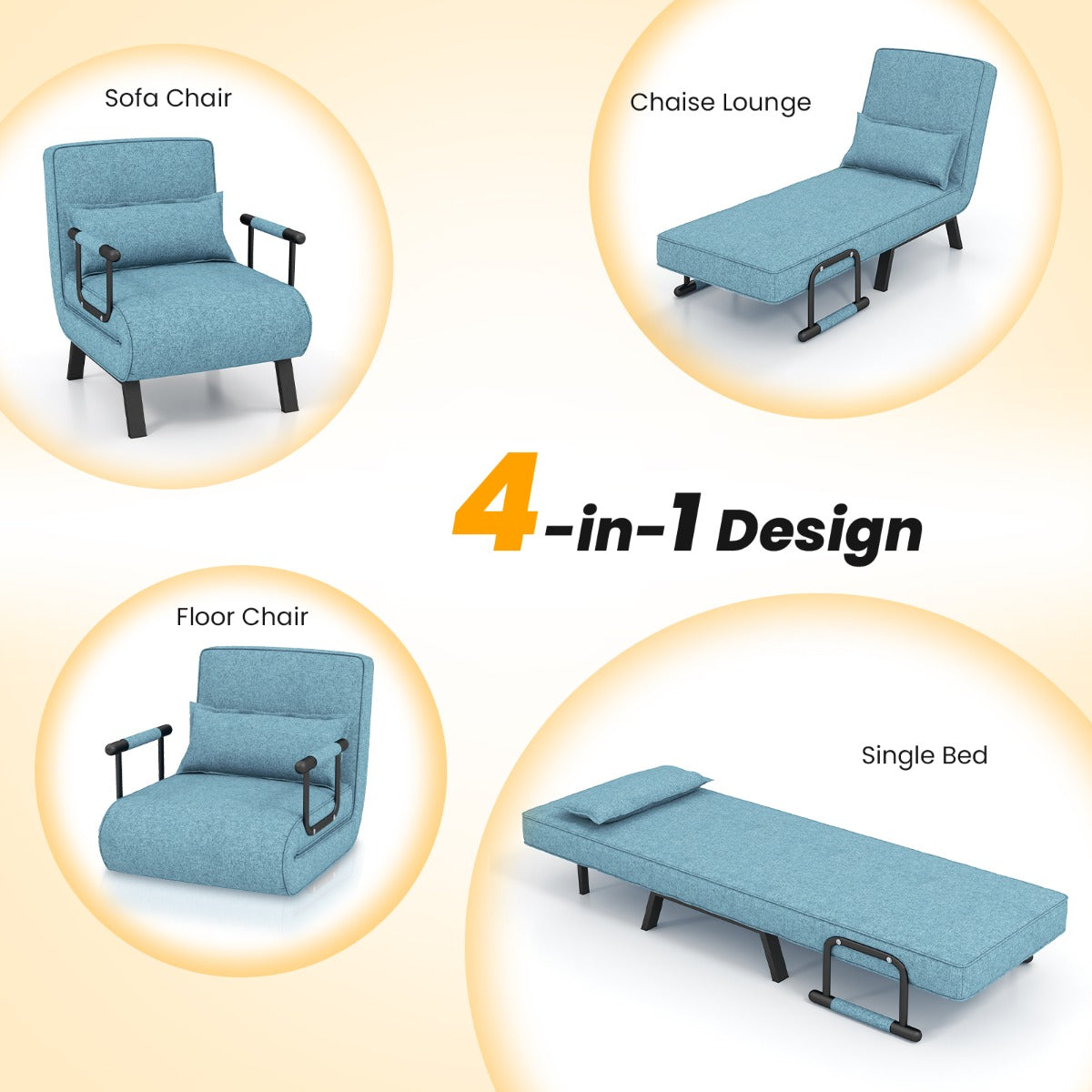 LIVSK Omkeerbare Slaapstoel - 4-in-1 Fauteuil, Ligstoel en Bed - 6 Verstelbare Posities - Comfortabel Linnen - Turquoise