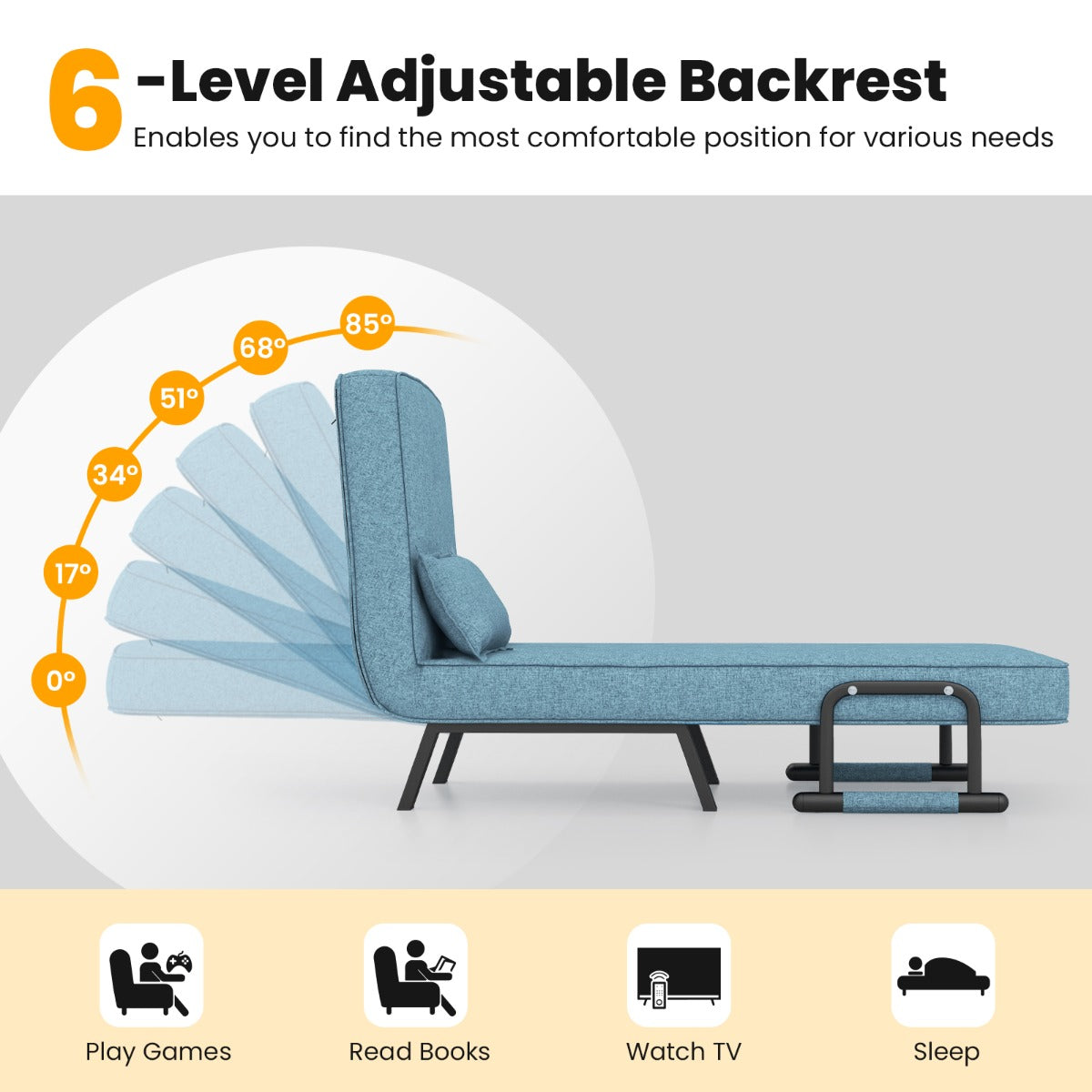 LIVSK Omkeerbare Slaapstoel - 4-in-1 Fauteuil, Ligstoel en Bed - 6 Verstelbare Posities - Comfortabel Linnen - Turquoise