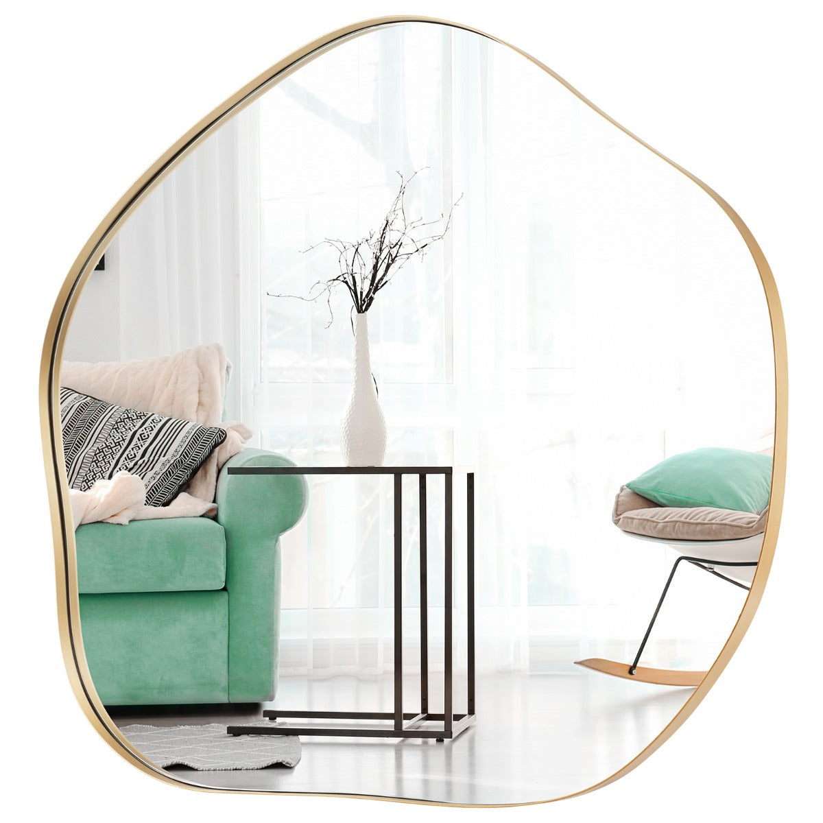 LIVSK Wandspiegel - Uniek Asymmetrisch Design - HD Reflectie - Duurzaam Glas met Metalen Frame - Eenvoudige Installatie - Goud