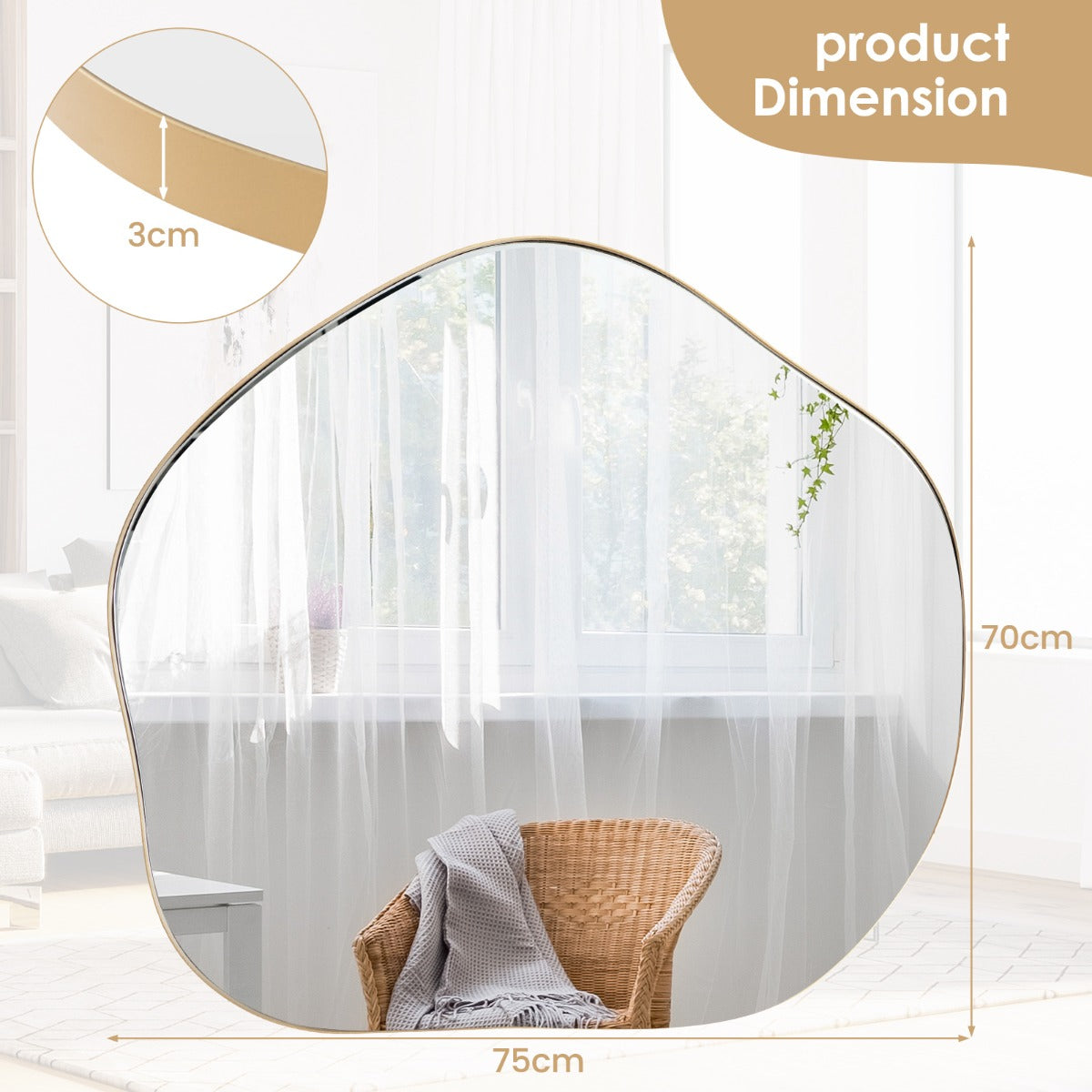 LIVSK Wandspiegel - Uniek Asymmetrisch Design - HD Reflectie - Duurzaam Glas met Metalen Frame - Eenvoudige Installatie - Goud