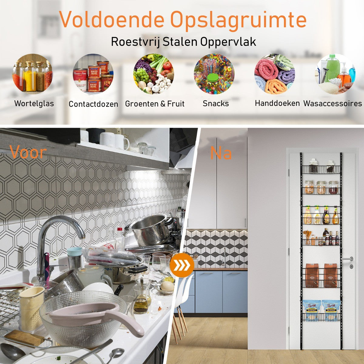 LIVSK Wandorganizer met 6 Manden - Verstelbaar en Ruimtebesparend - Roestbestendig - Stevig Ijzer - 43 x 13 x 196,5 cm - Zwart