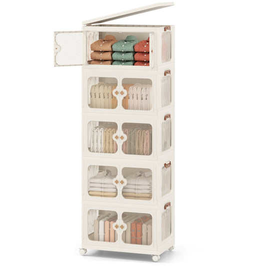 LIVSK Opbergorganizer met Transparante Deuren - Stapelbaar en Opvouwbaar - 265L Capaciteit - Mobiel met Wieltjes - Wit