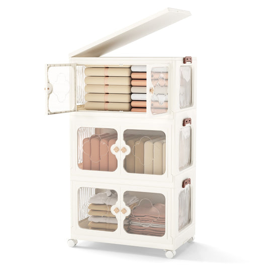 LIVSK Opbergorganizer - Ruime Inhoud - Stapelbaar en Opvouwbaar - 4 Wielen - Transparante Deuren - 59,5 x 35,5 x 99 cm - Wit