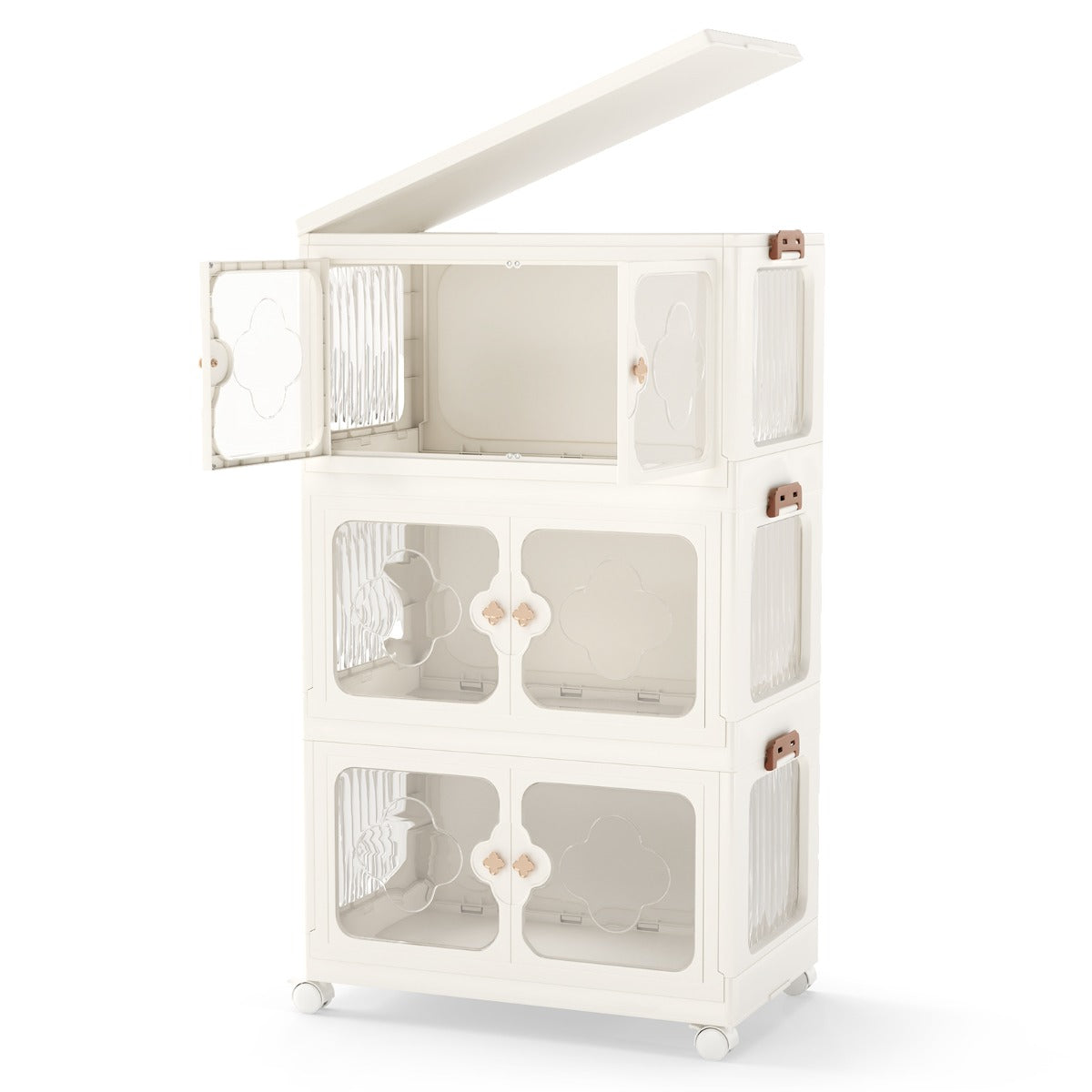 LIVSK Opbergorganizer - Ruime Inhoud - Stapelbaar en Opvouwbaar - 4 Wielen - Transparante Deuren - 59,5 x 35,5 x 99 cm - Wit