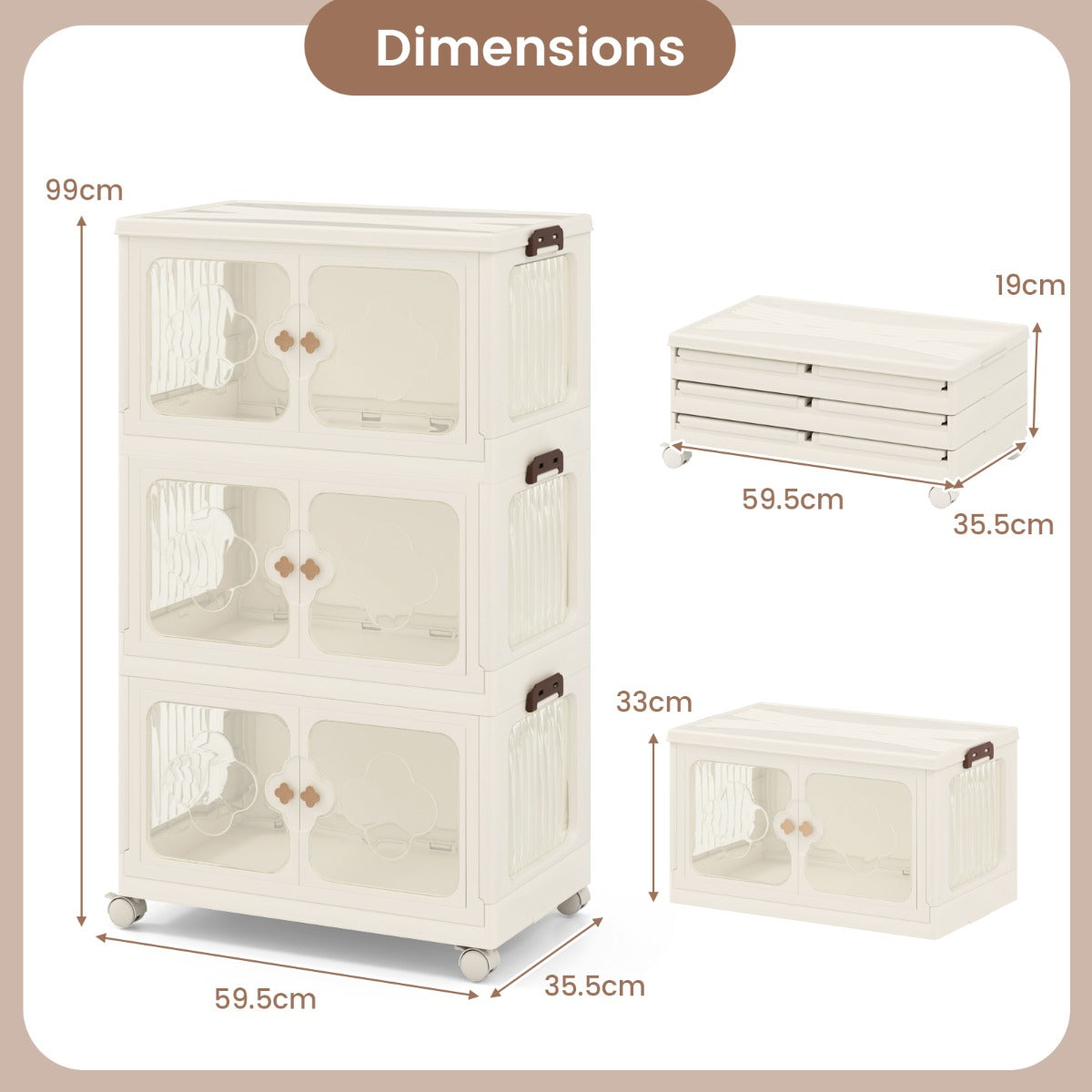 LIVSK Opbergorganizer - Ruime Inhoud - Stapelbaar en Opvouwbaar - 4 Wielen - Transparante Deuren - 59,5 x 35,5 x 99 cm - Wit