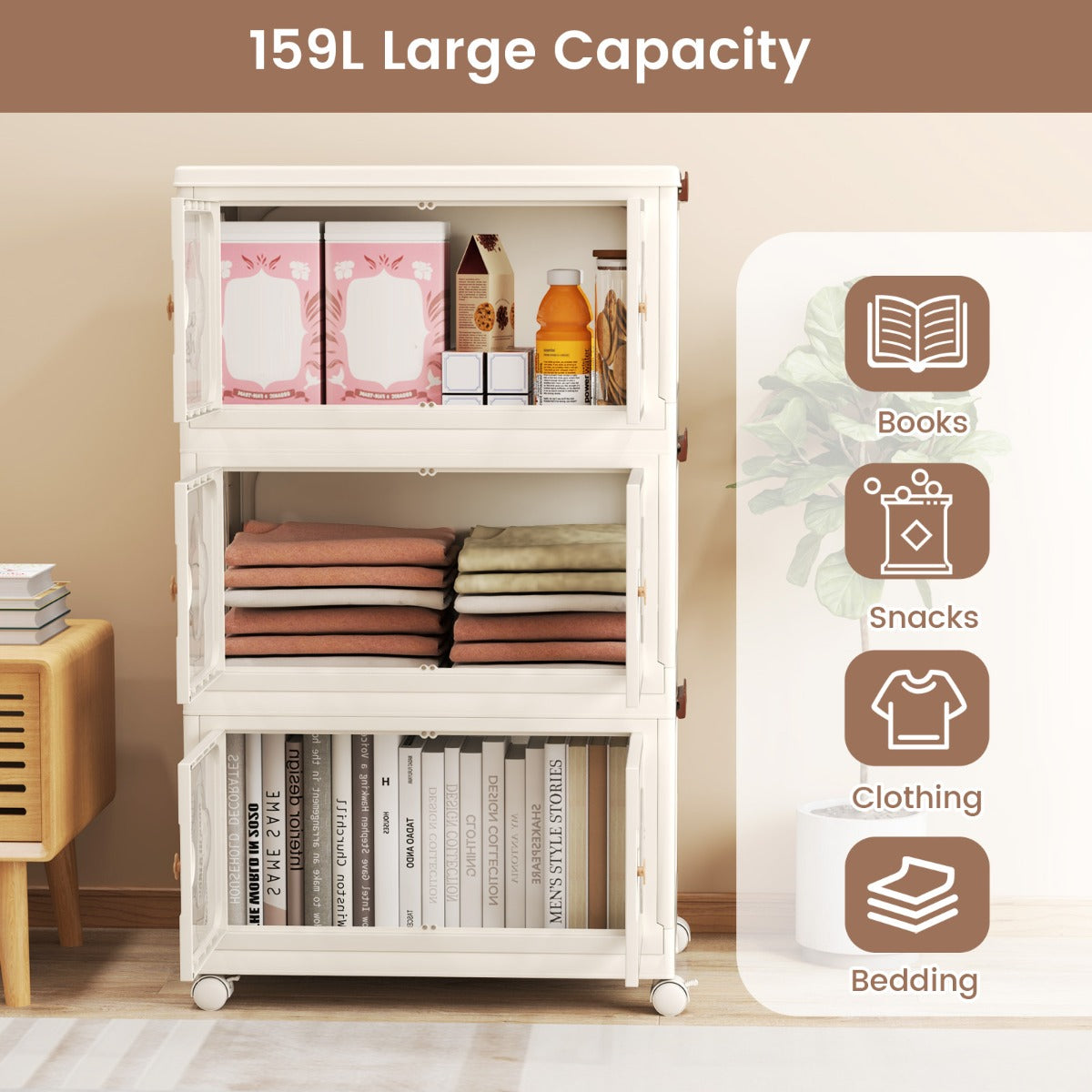 LIVSK Opbergorganizer - Ruime Inhoud - Stapelbaar en Opvouwbaar - 4 Wielen - Transparante Deuren - 59,5 x 35,5 x 99 cm - Wit