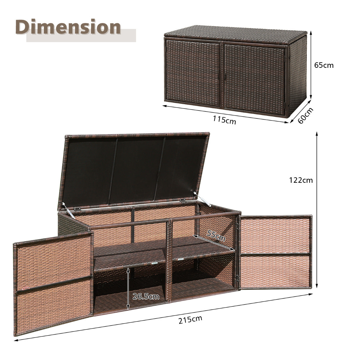 LIVSK Tuinopbergbox - 335L Capaciteit - Duurzaam Stalen Frame - 2 Interne Planken - Dubbele Deuren - Bruin