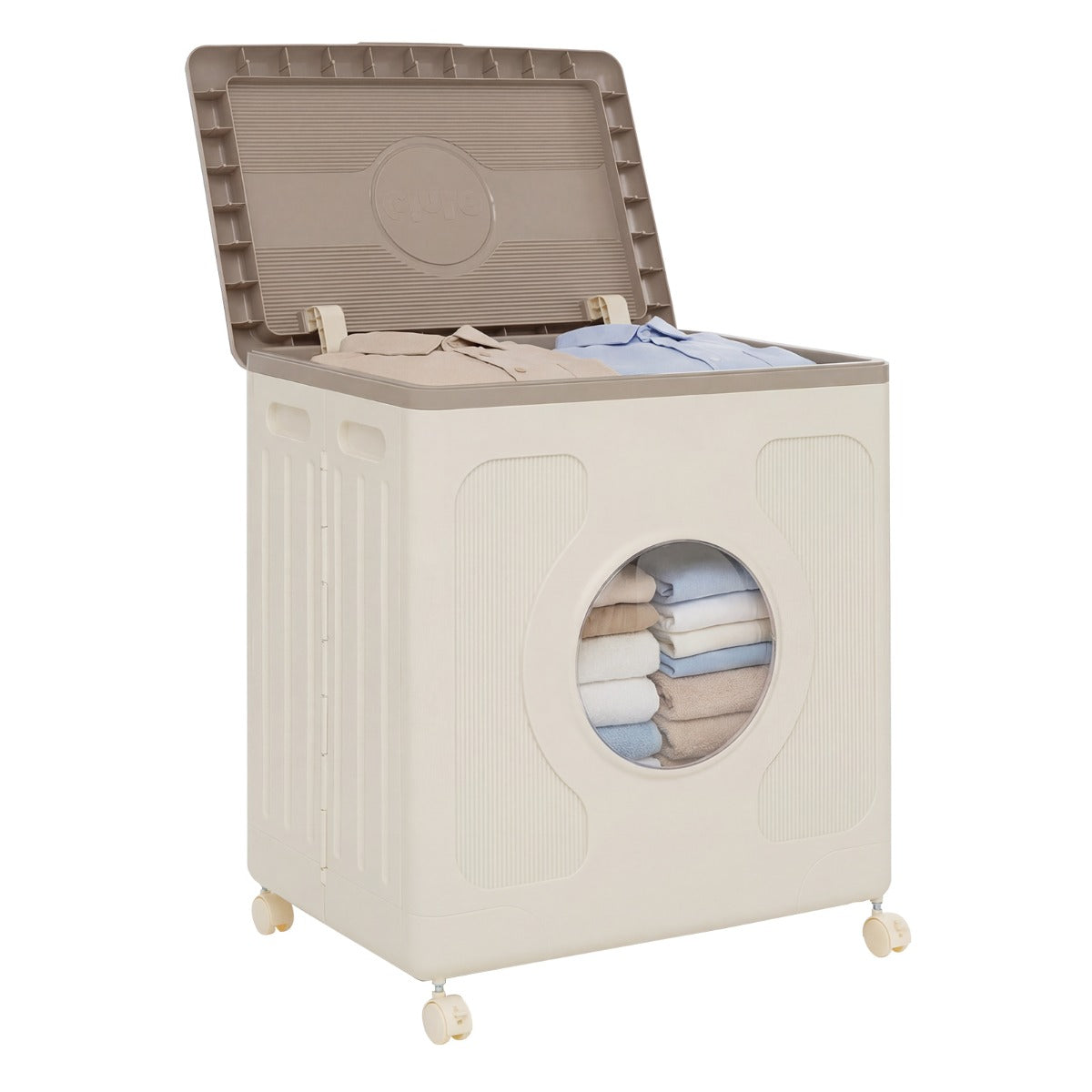 Livsk costway opbergbox voor kleding met deksel en wieltjes 45 l rolbare wasmand met transparant venster grijs