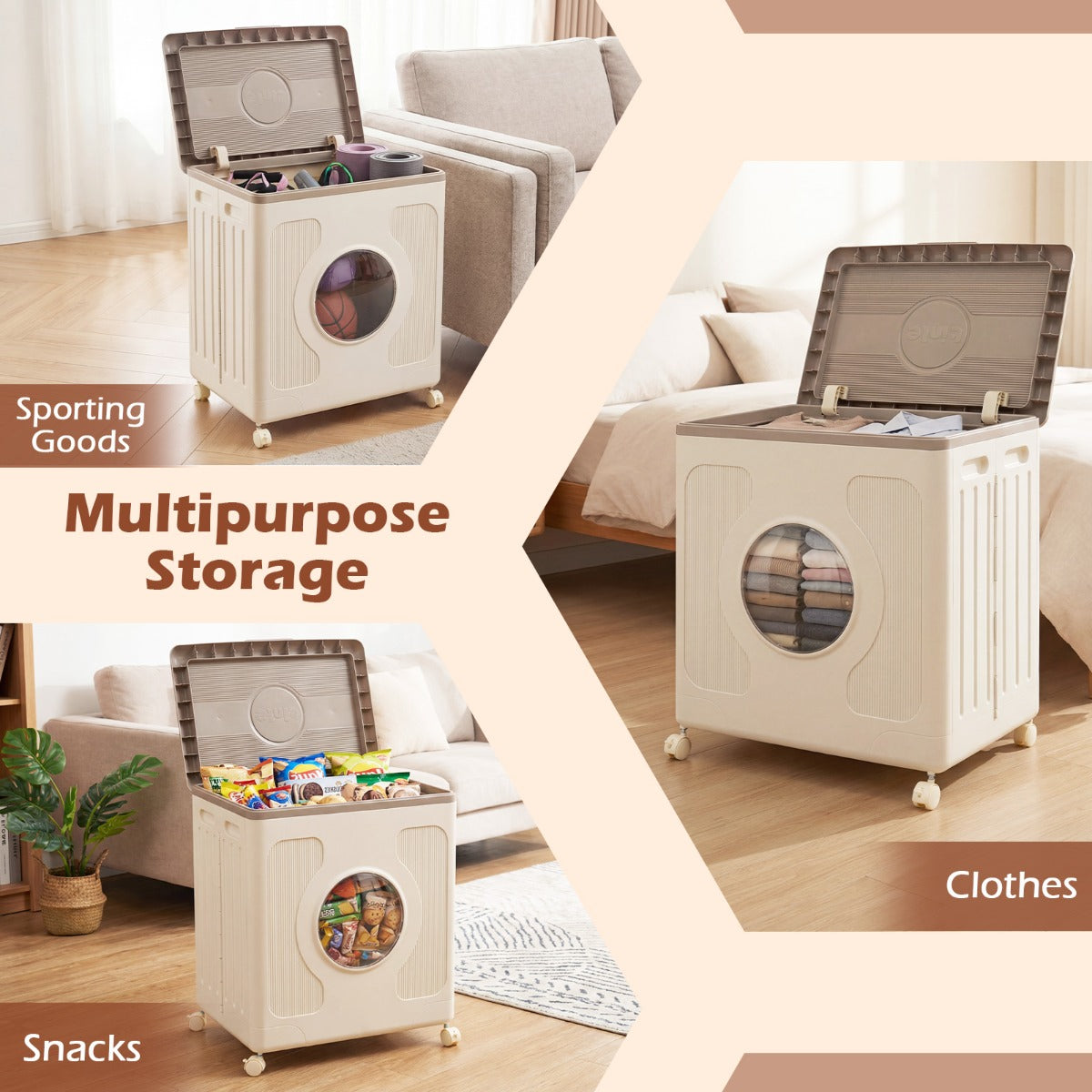 Livsk costway opbergbox voor kleding met deksel en wieltjes 45 l rolbare wasmand met transparant venster grijs 5