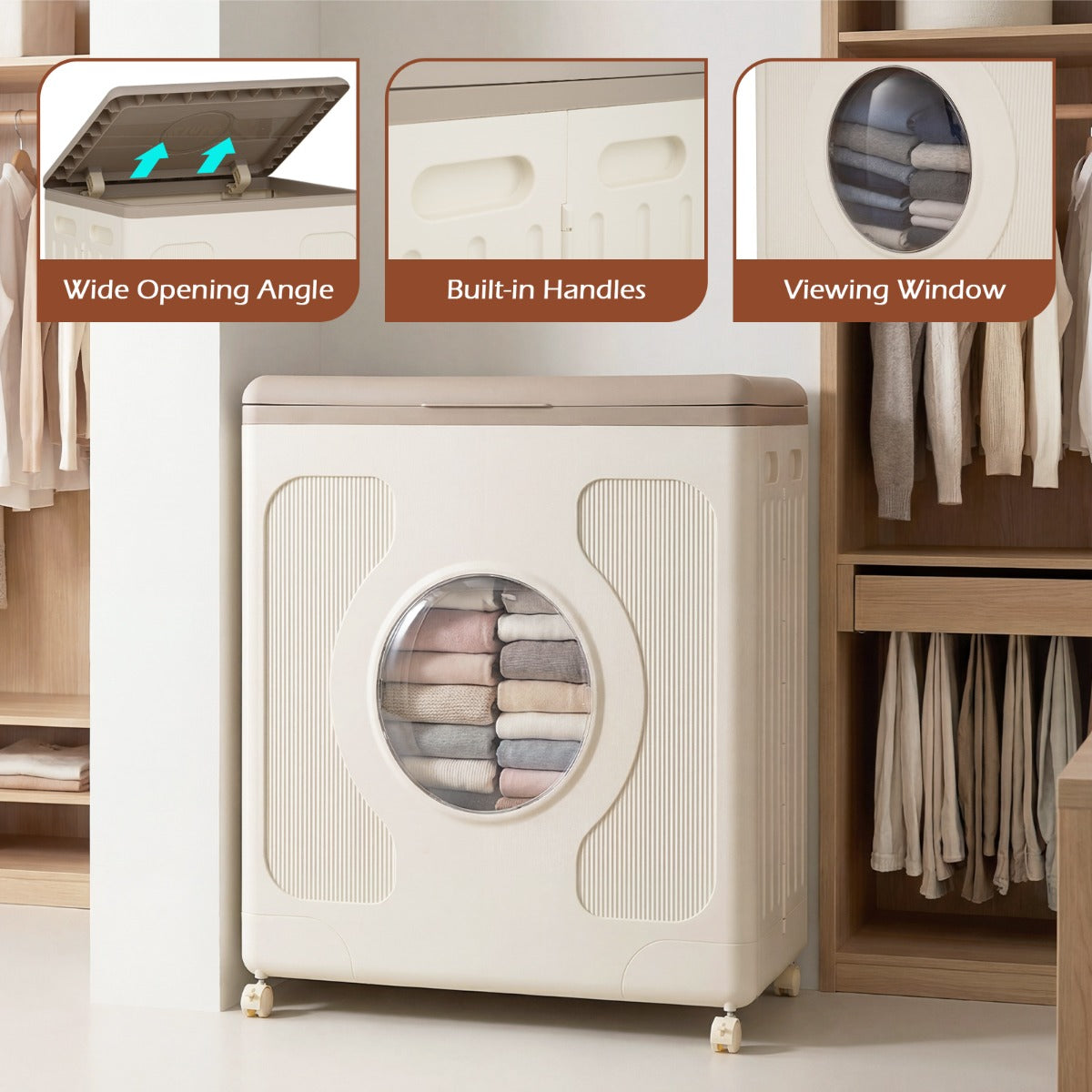 Livsk costway opbergbox voor kleding met deksel en wieltjes 45 l rolbare wasmand met transparant venster grijs 6